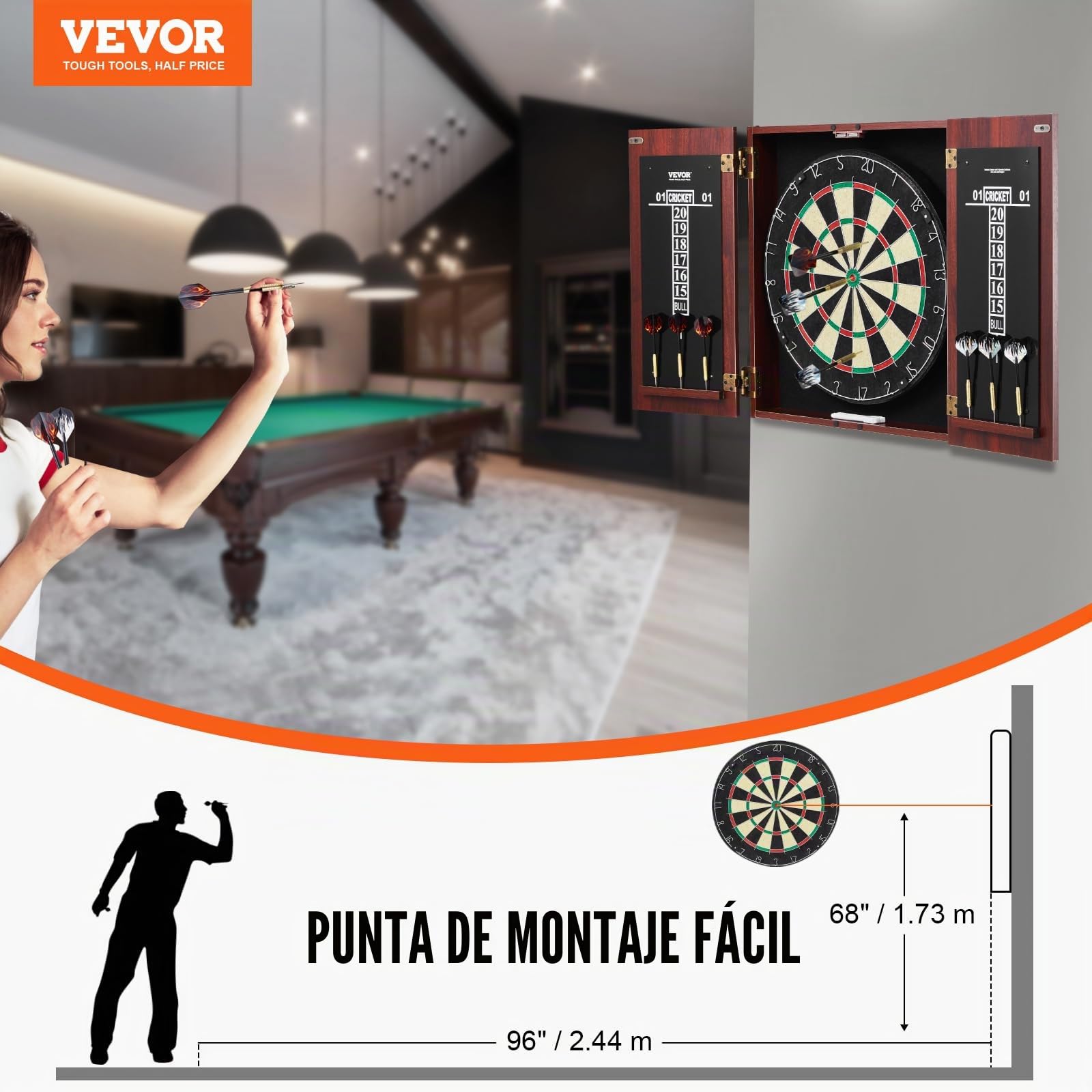 VEVOR Juego de Tablero de Dardos y Gabinete Oculto de Tamaño Oficial, Paquete Listo para Jugar, con Punta de Acero, Fácil Montaje, con Todos los Accesorios, Juegos Cricket, 45 x 3,8 cm
