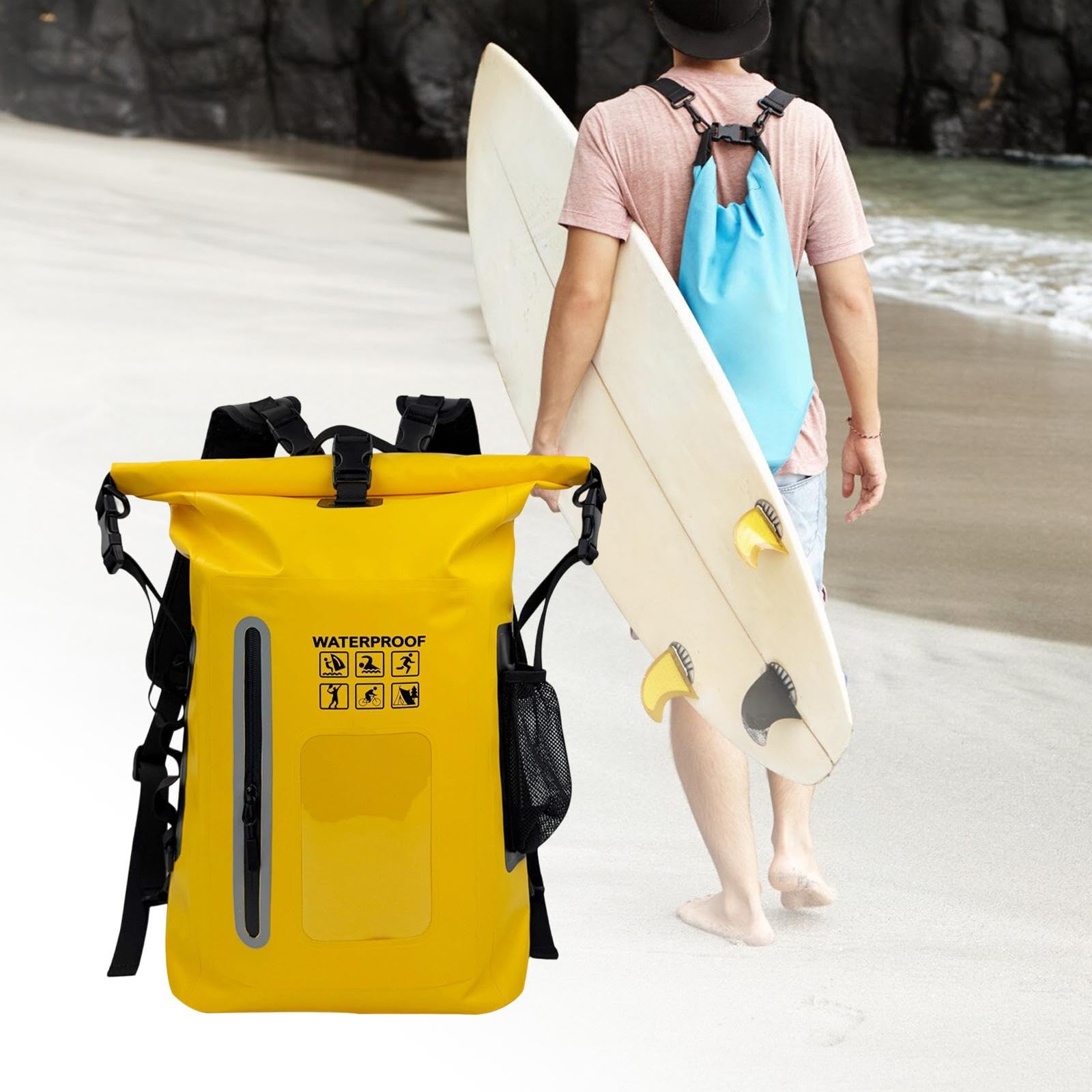 Qianly Wasserdichter Rucksack Outdoor Trockenbeutel Aufbewahrungstasche Schwimmen Segeln Leichtgewichtiger Packsack aus PVC für Camping Bootfahren, Gelb