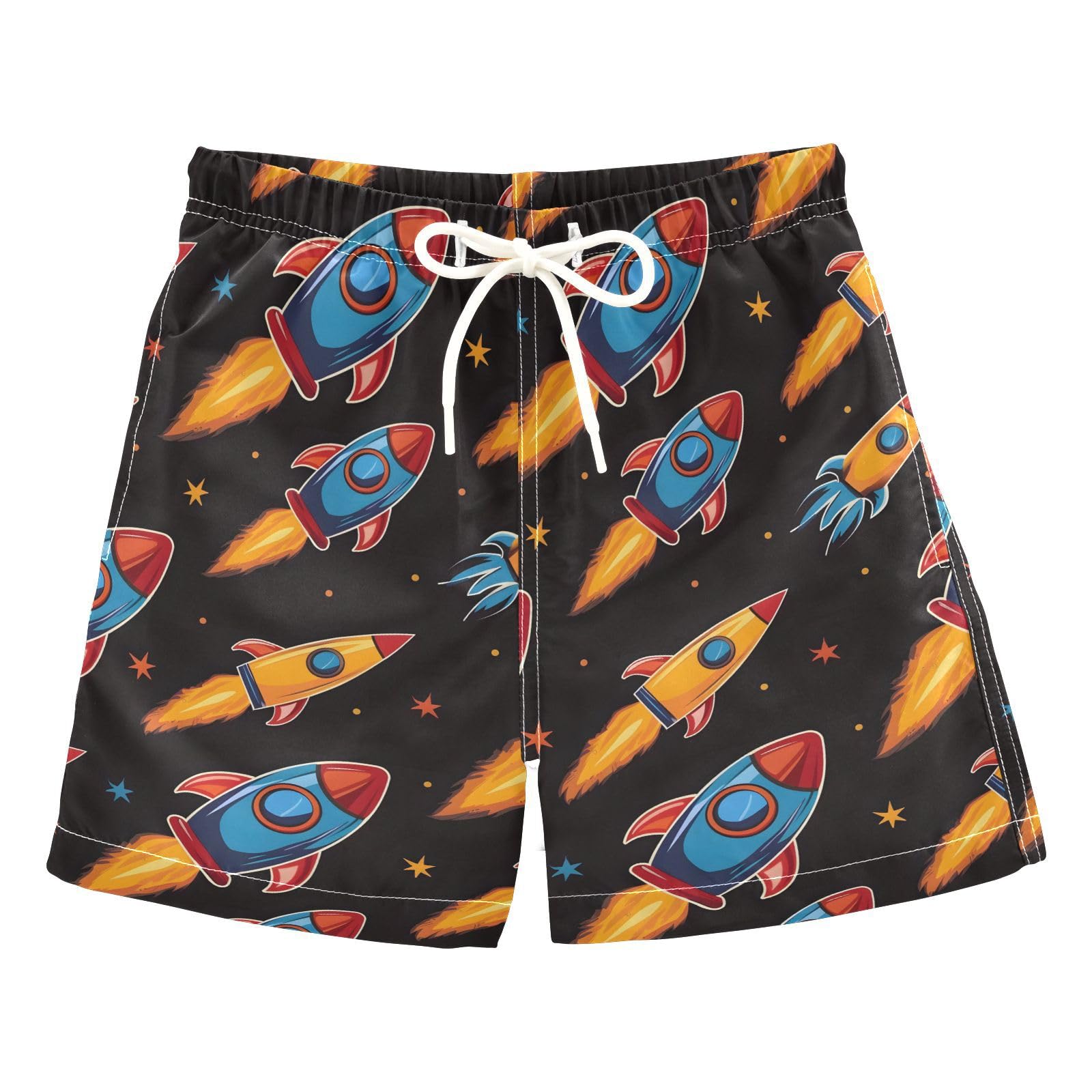 ALAZA Cartoon Star Spaceship Black Boys' Swim Trunks Beach Shorts Quick Dry Swimsuit 8 Years