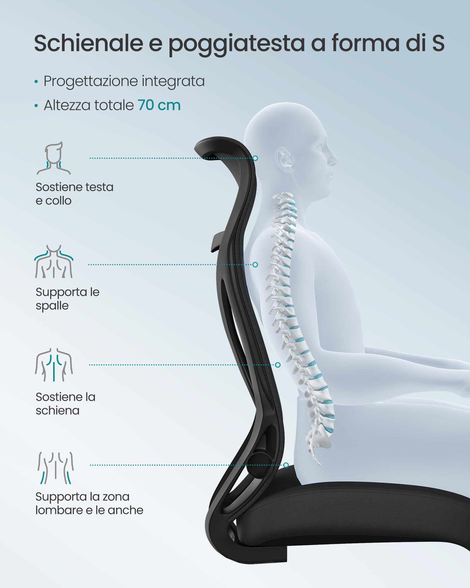 SONGMICS Sedia da Ufficio, Sedia da Scrivania, Schienale Ergonomico, Altezza Regolabile, Braccioli Ribaltabili, Poltrona Girevole con Poggiatesta, Portata 150 kg, Nero Inchiostro OBN088B01