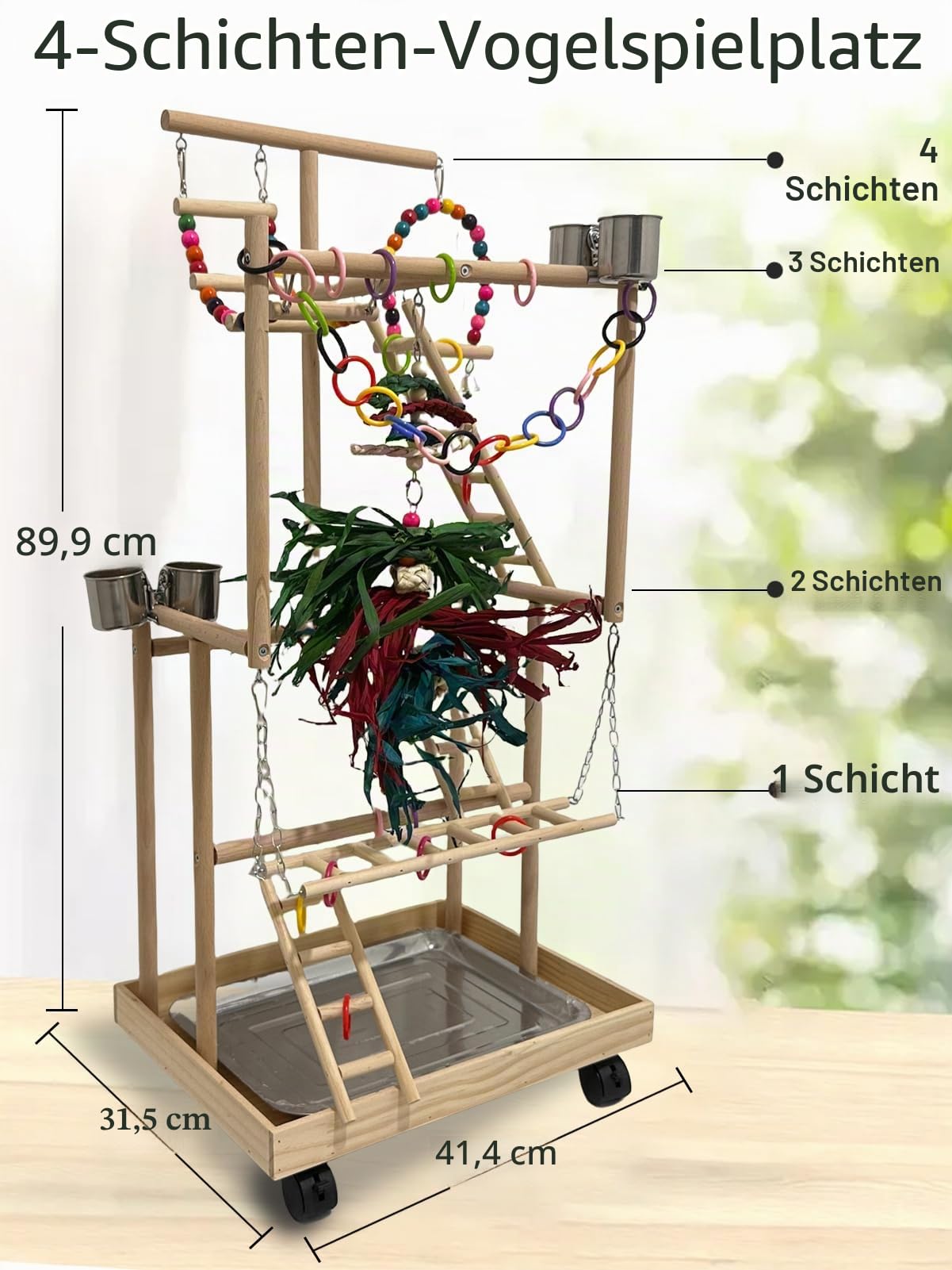4-stöckiger großer Vogelspielplatz aus Holz mit Rädern, Naturholz Papageien Spielständer Vögel Sitzstange Ständer Fitnessstudio mit Leiter Spielzeug Zubehör für Nymphensittiche Kakadu Quaker