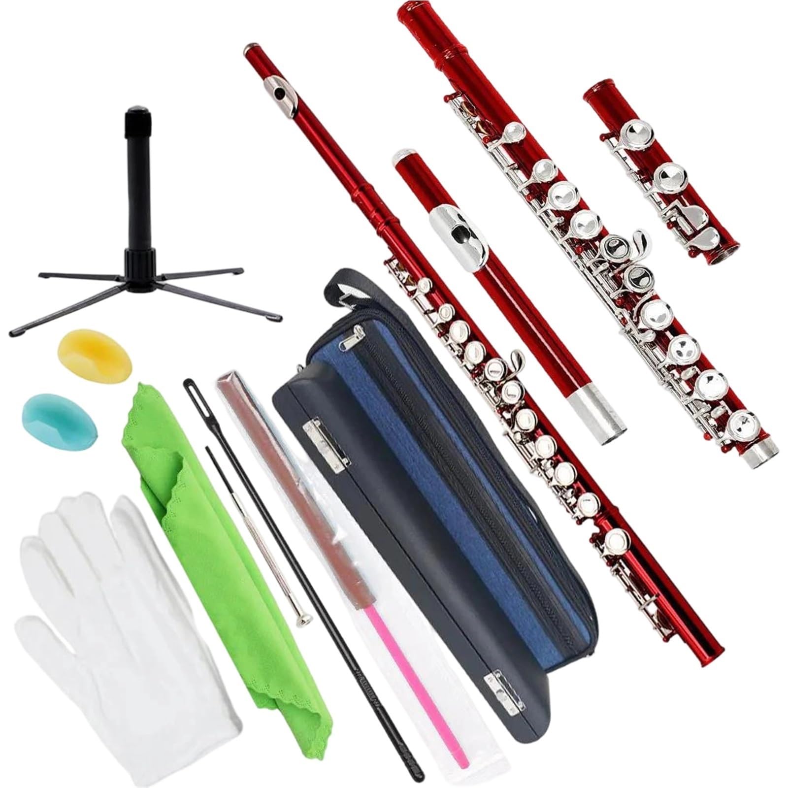 Classic Flet Poprzeczny 16 kluczowy instrument dla początkujących z zamkniętym otworem C Flet jest dostarczany zestawem uchwytów na rękawiczki(Red)