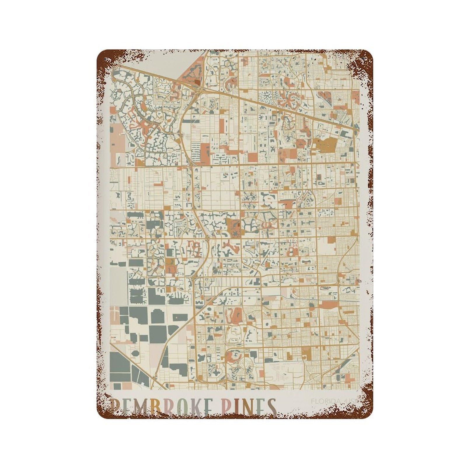 xiaoxiaoshen Pembroke Pines Map Florida Travel Gift Boho Wall Decor Art Metal Tin Poster Modern Home Decor Art Home Bar Shop Decorations Vintage Sign 40x30cm