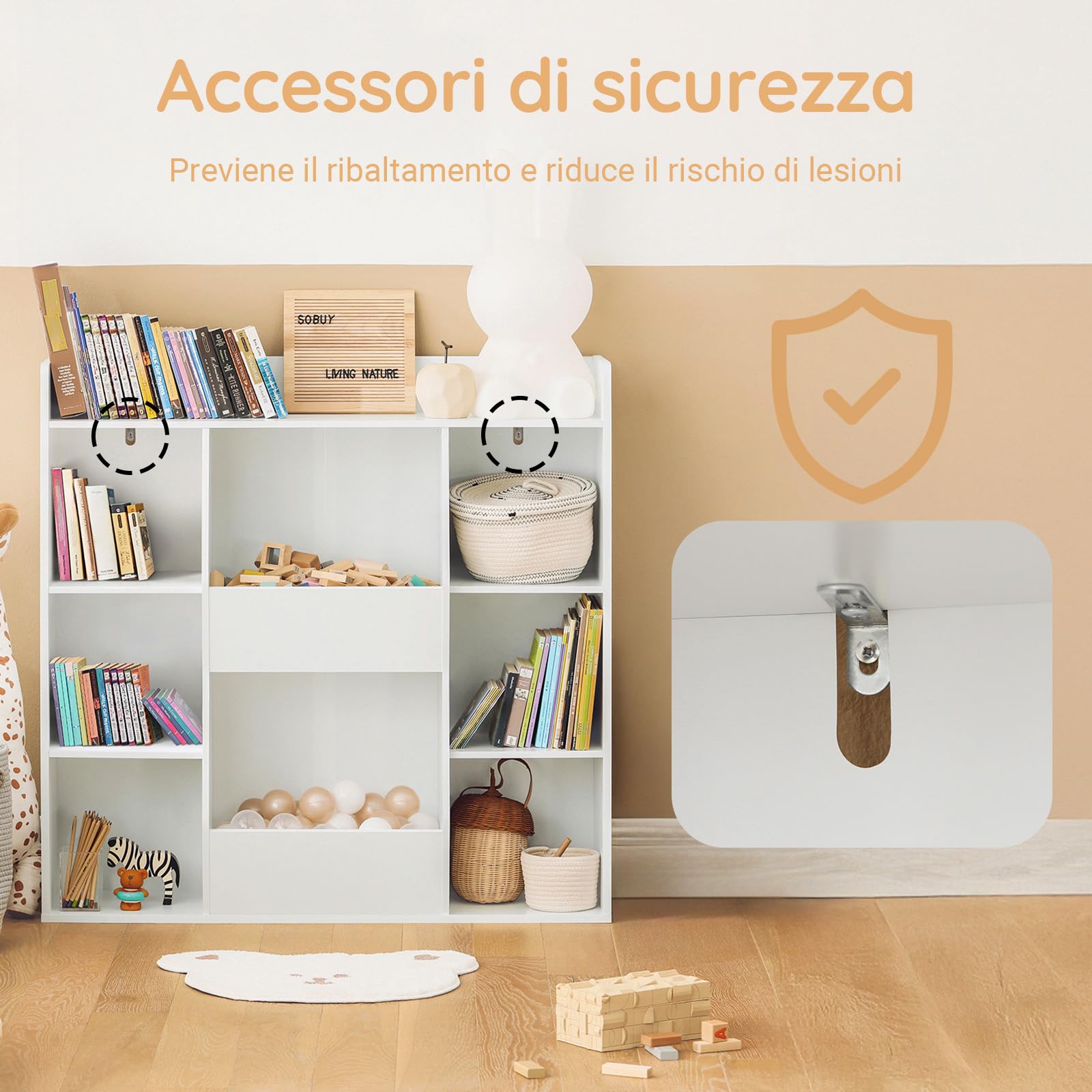 SoBuy Libreria Montessoriana per Bambini - Scaffale Portagiochi con 8 Scomparti Aperti - Libreria da Terra per Cameretta 106x30x104 cm Bianco KMB55-W
