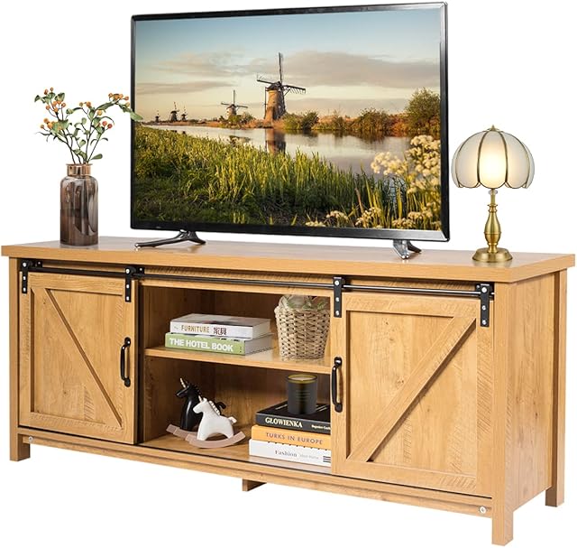 CASART Wooden TV Cabinet, 3 Tier TV Console Table with Sliding Barn Doors and Shelves, Rustic Media Entertainment Center for Living Room Bedroom Office (Golden Oak)