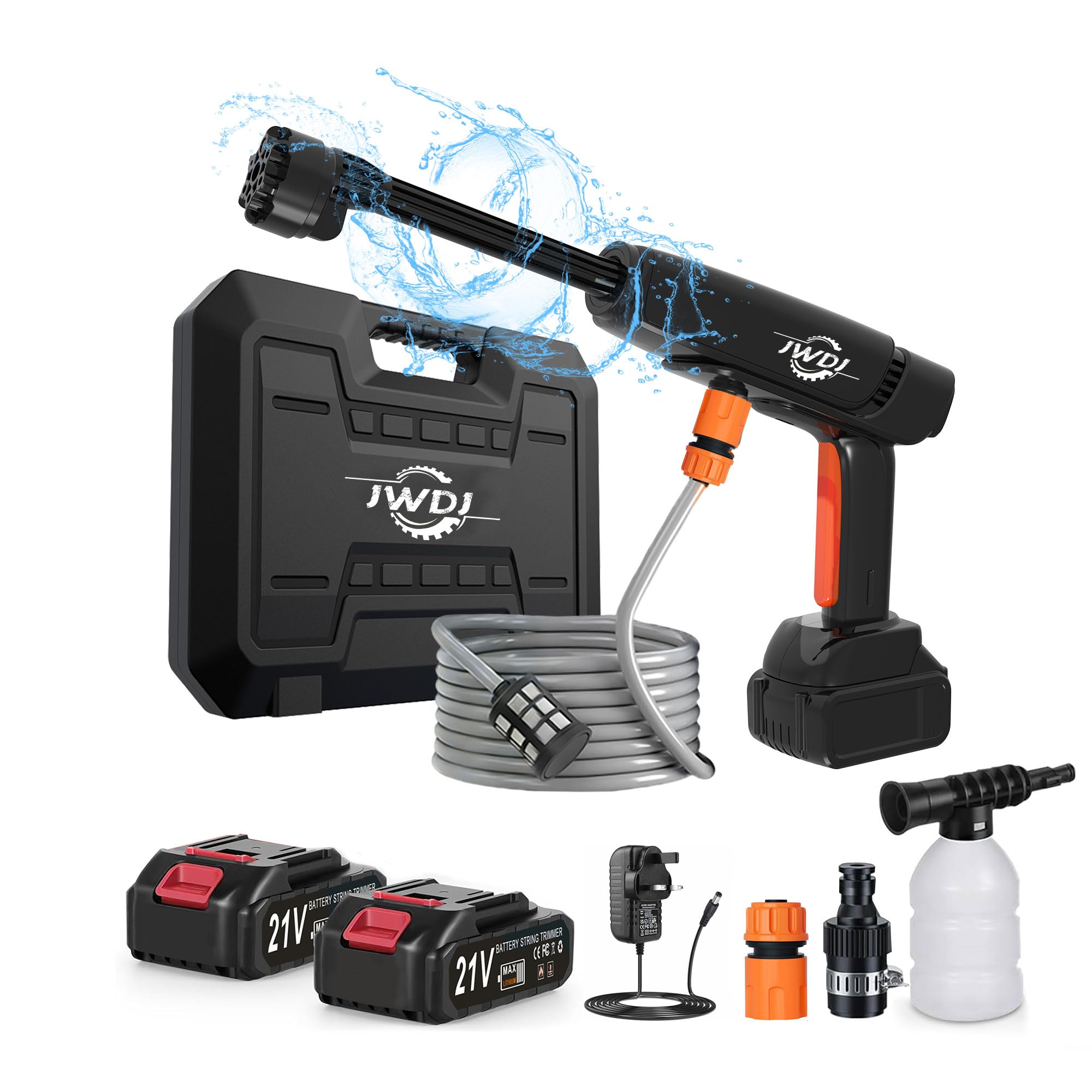 Jwjd Portable Cordless Pressure Washer - 2 Pack Batteries 1200PSI 336l/h Cordless Power Washer Battery Operated with 6-in-1 Nozzle, Adjustable Foam Cannon for Car Garden