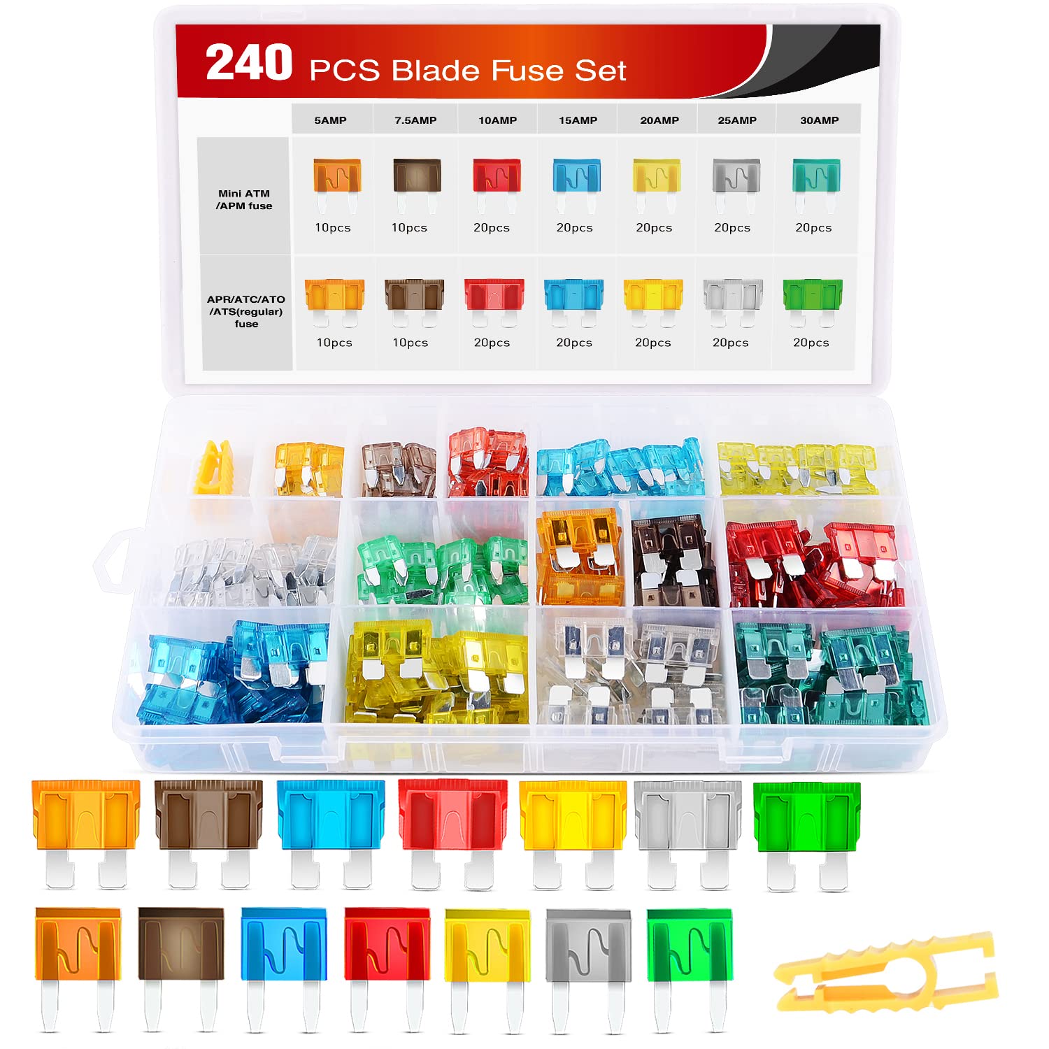 50018R 240Pcs Standard And Mini Blade Fuses Set,5A 7.5A 10A 15A 20A 25A 30A Atc Apr Ato Ats Standard And Atm Apm Mini Automotive Blade Fuse Assortment Kit,2 Years Warranty