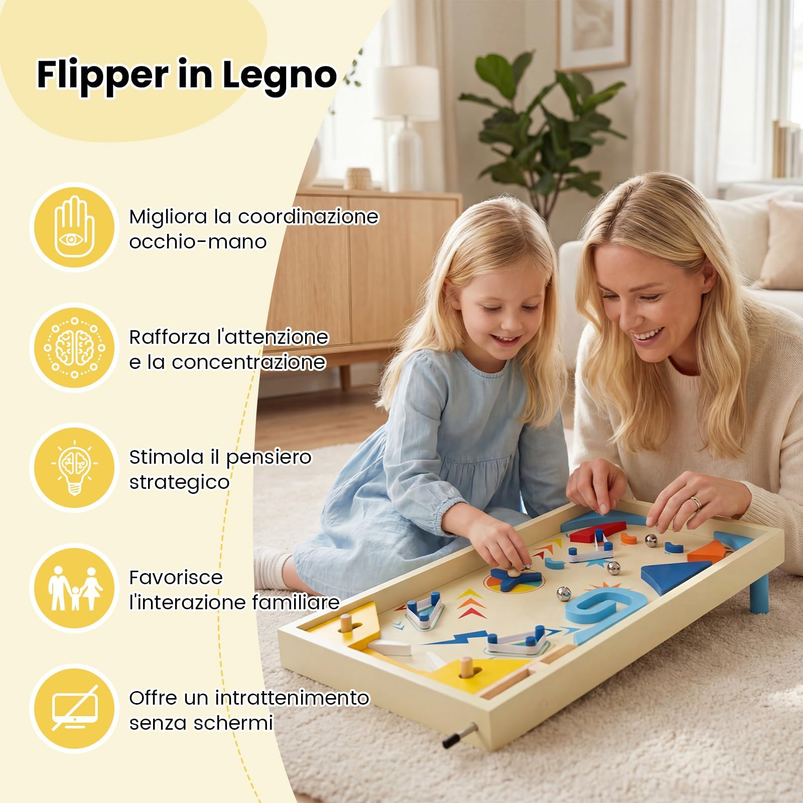 COSTWAY Flipper in Legno, Gioco da Tavolo Educativo con Pista Rotante per Punteggi e 3 Palline, Giocattolo Flipper Interattivo in Marmo per Ufficio Festa, per Bambini 6+ e Adulti
