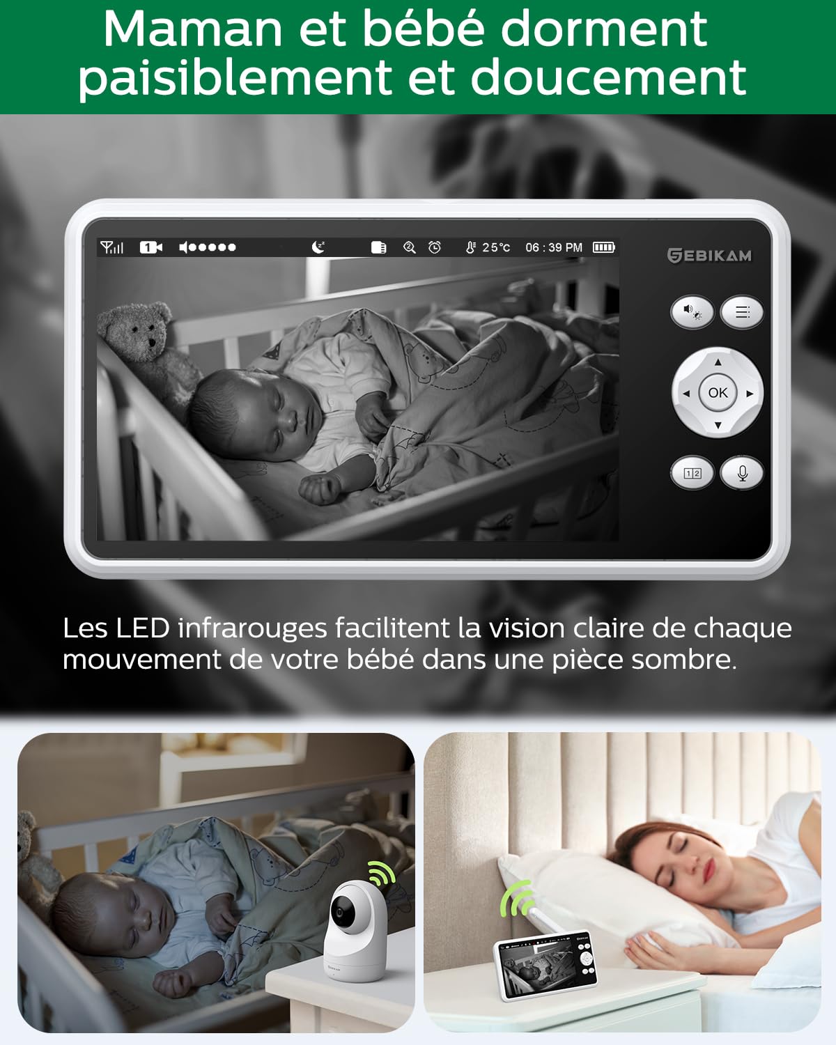 Babyphone Vidéo GHB Avec 2 Caméras - Écran 5" 720P, Vision Nocturne, Rotation 350°, Capteur Température