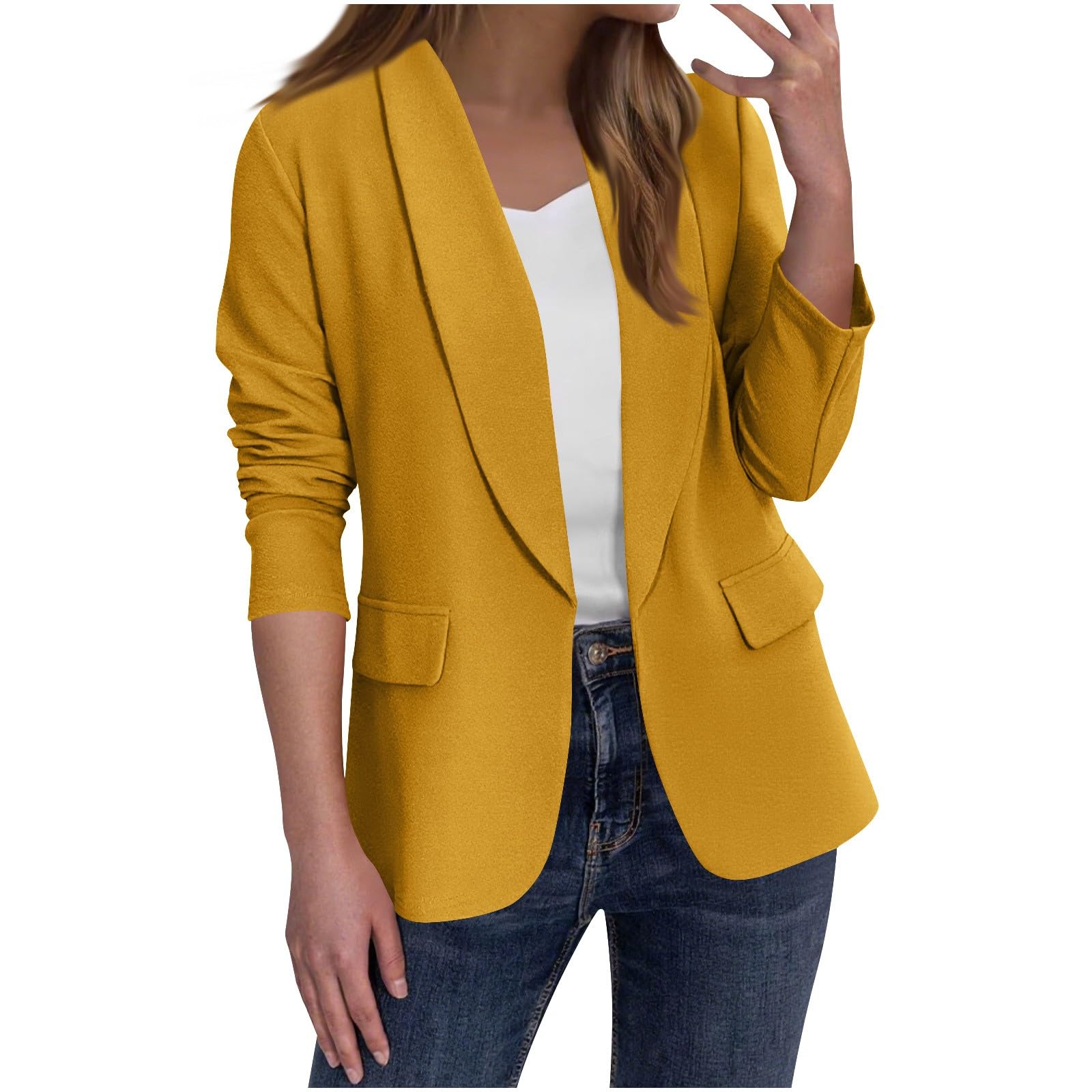 Ruched Blazers for Women Business Casual Lapel Collar Open Front Blazer Long Sleeve Jackets with Padded Shoulder