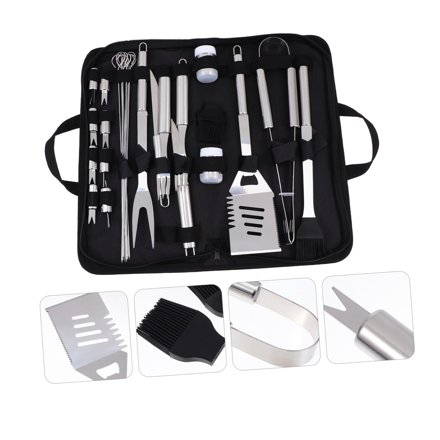 ibasenice Utensili Barbecue in Metallo Inossidabile con Borsa Oxford Accessori Bbq Completi per Grigliate all'Esterno Forchette e Pinze per Cottura Grigliata per Escursioni e Feste