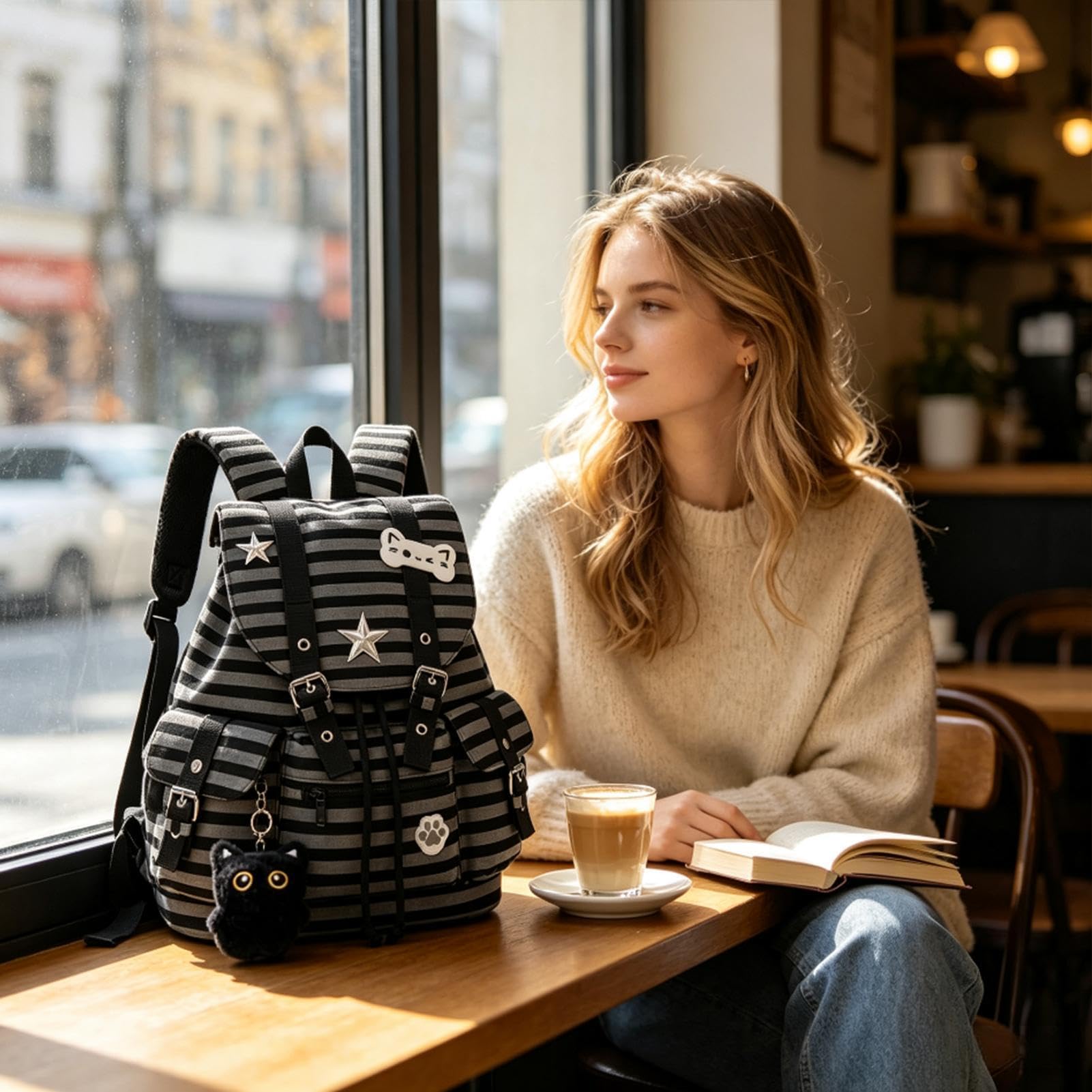 Generico Zaino per Ragazze con Ciondolo Gatto, Multi-Tasche e Regolabile