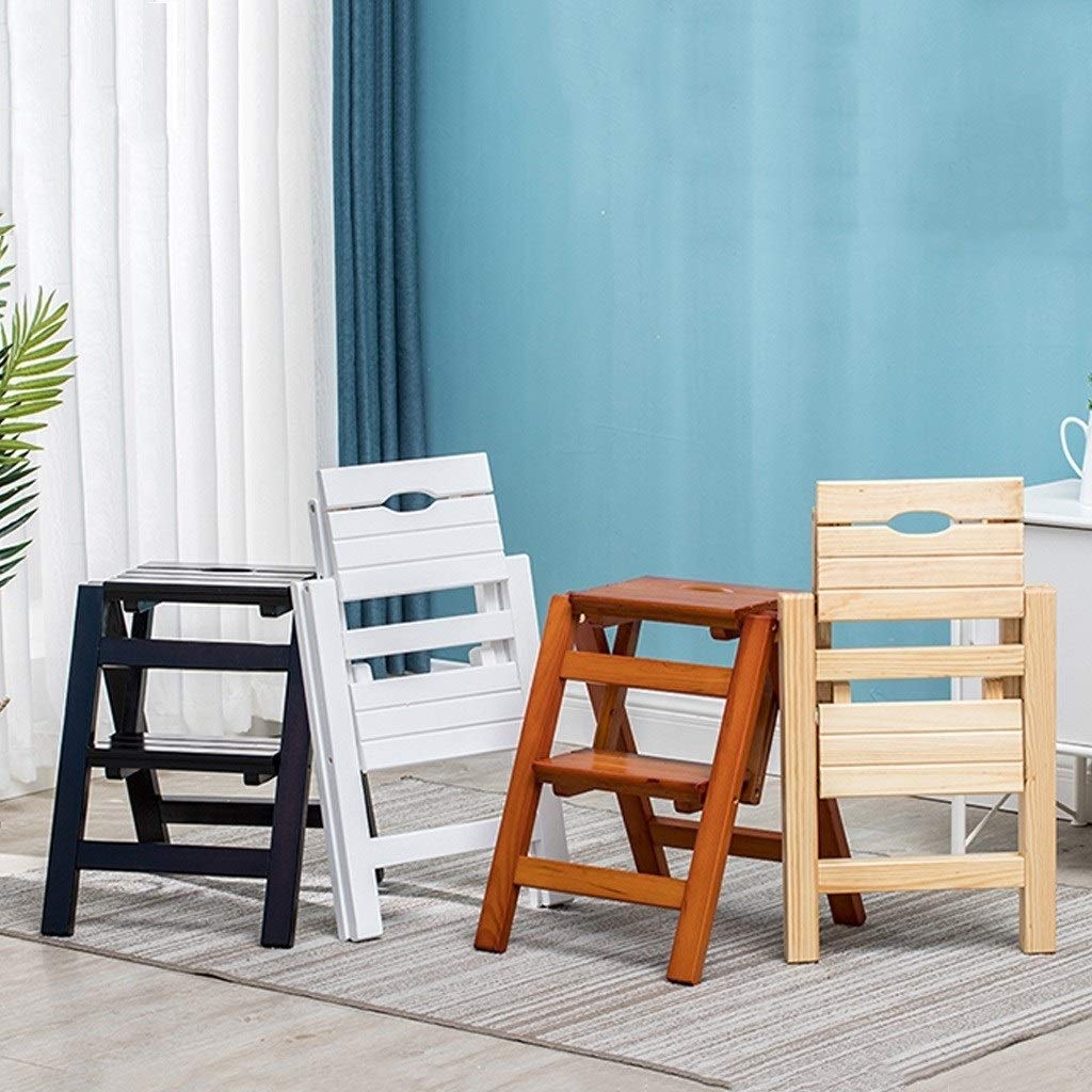 Leiterstuhl Treppenstuhl Hockerleiter 2 Stufen Klappbar Holz Haushaltsleiter Tritthocker Faltbar Klappleiter Klappstufen für Küche Büro Bibliothek, 150kg Kapazität (Color : White)
