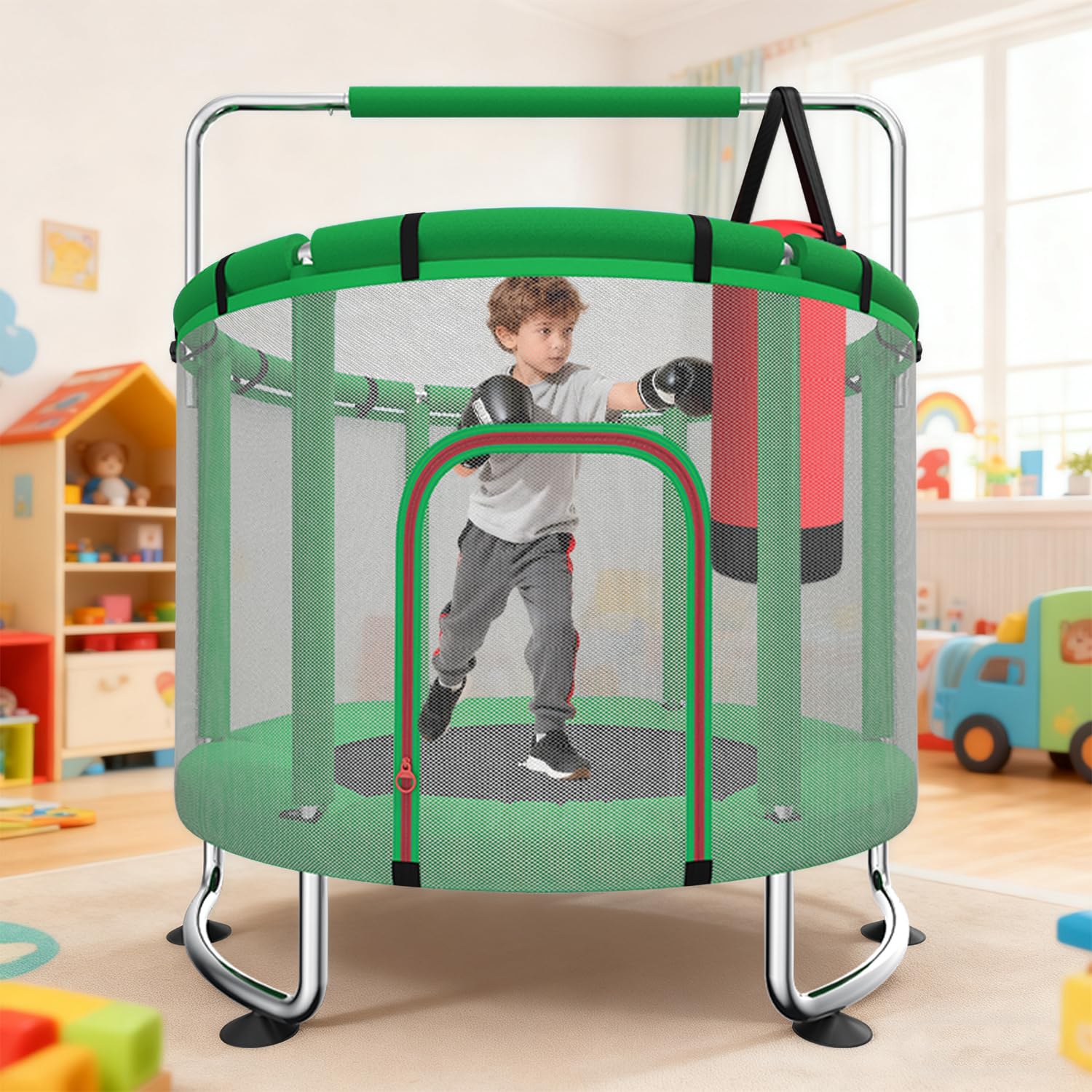 Trampoline pour Enfants 140 cm intérieur/extérieur – Charge maximale 50 kg avec Filet de sécurité, Barre de Gymnastique réglable et Panier de Basket, Cadeau pour garçons et Filles