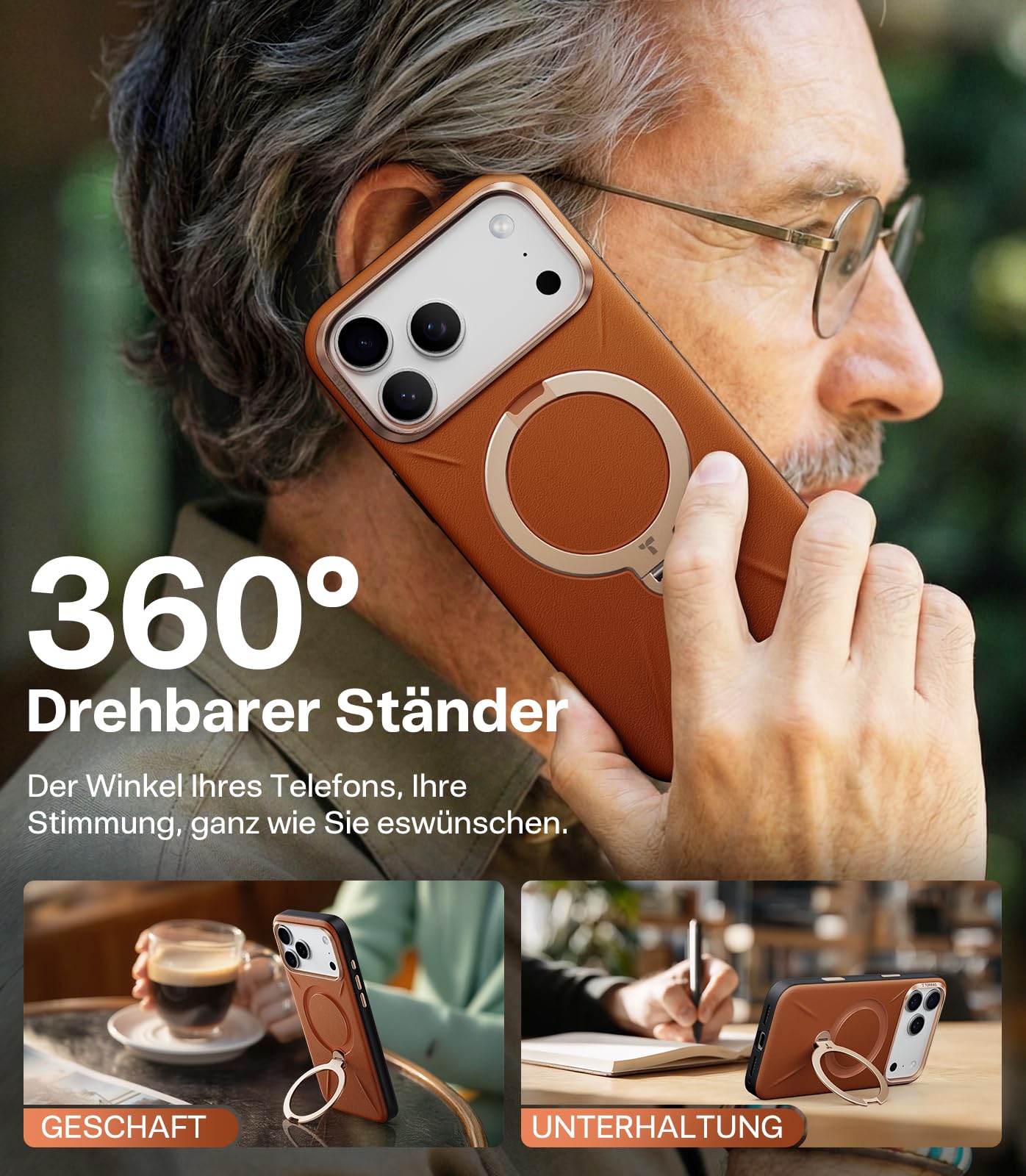 TORRAS Ostand Q3 VegSkin für iPhone 17 Pro Max Hülle (Nachhaltig Silikonleder) (360° Magnetischer Unsichtbarer Ständer) Premium Haptik Langlebig Hülle iPhone 17 Pro Max Case Edle Lederstruktur Braun