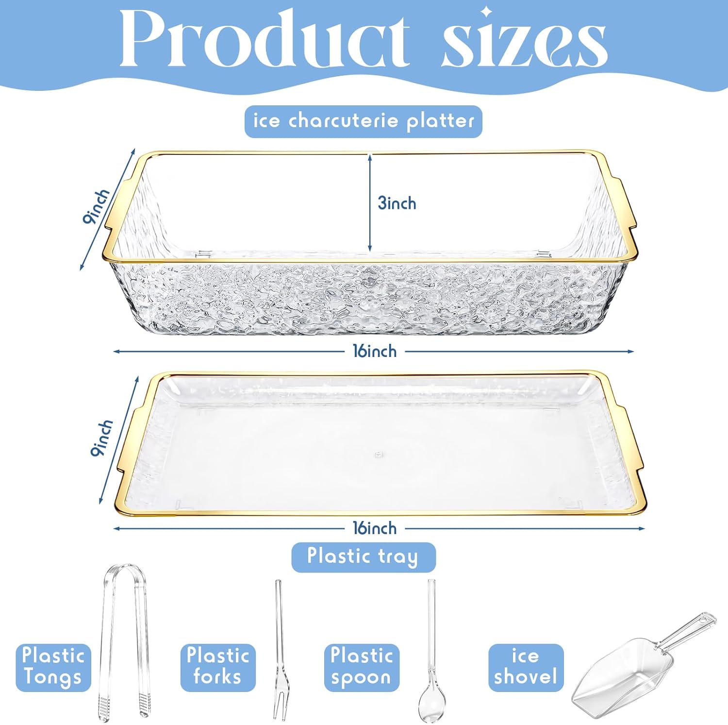Baderke 16" x 9" Chilled Serving Tray for Parties with lids Compartments Ice Chilled Party Platter Charcuterie Serving Board Cold Dish Dip with Tongs for Fruit Seafood Vegetable(Gold Rim)
