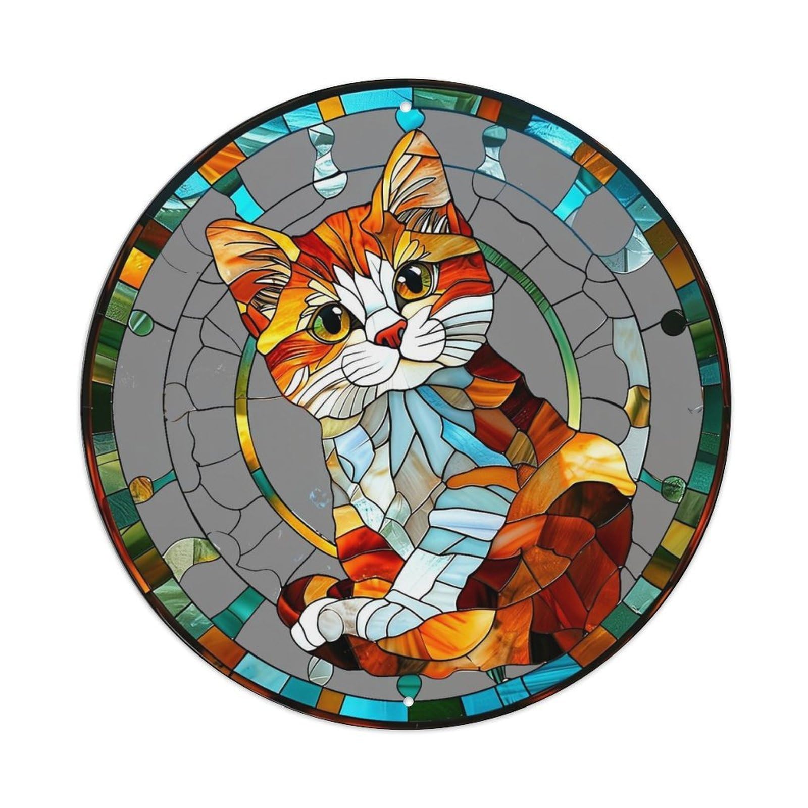 Stained Glass Cat Portrait Art Vintage Round Tin Sign Retro Metal Wall Decor Metal Poster, Home Bar Garage Cafe Wall Art Decoration 8x8Inches