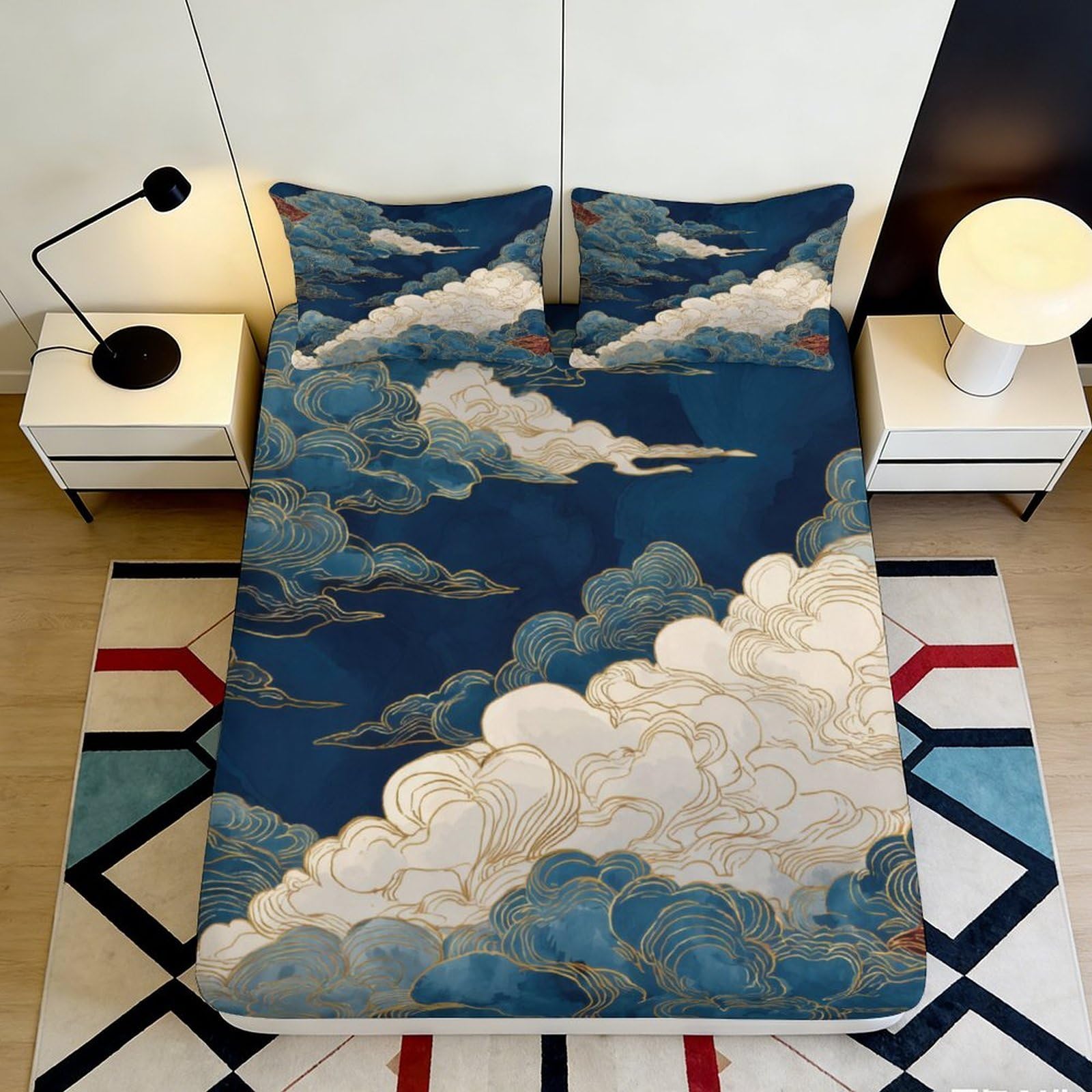 Pnayamiorkfel Style-2 3D Printed Blue Cloud Pattern Fitted Sheet Microfiber Soft Decorative Artistic Sky Mattress Cover For Bedroom Home 90X200x25cm