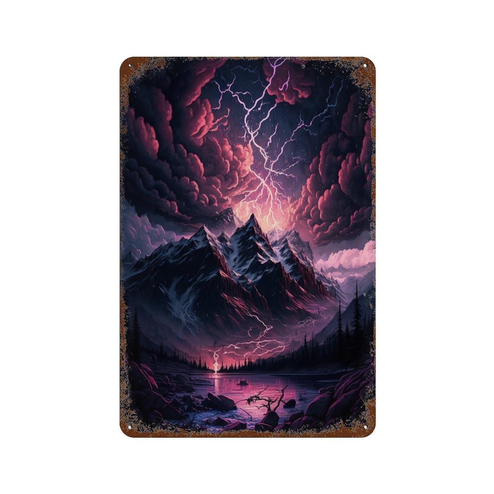 Decorative Tin Sign with Thunderstorm Mountain Landscape -2 Design 11.8"x7.9", for Basement, Hobby Room And Garage Decor, Farmhouse Wall Decor