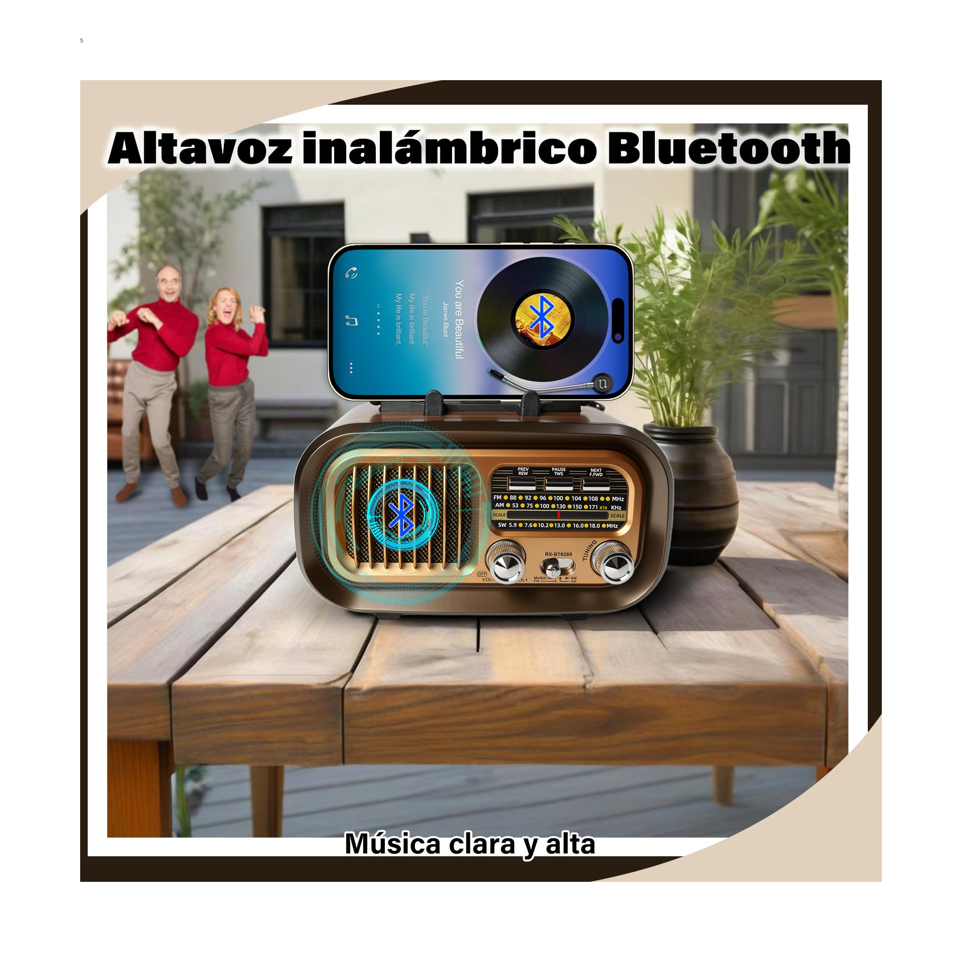 Radio Portatil Pequeña, Am/FM/SW Transistores Radio con Panel Solar, Radio Bluetooth Retro Alimentada por Baterías Recargables de 1200mAh o Pilas D, Radio FM Soporta USB/Tarjeta TF/TWS