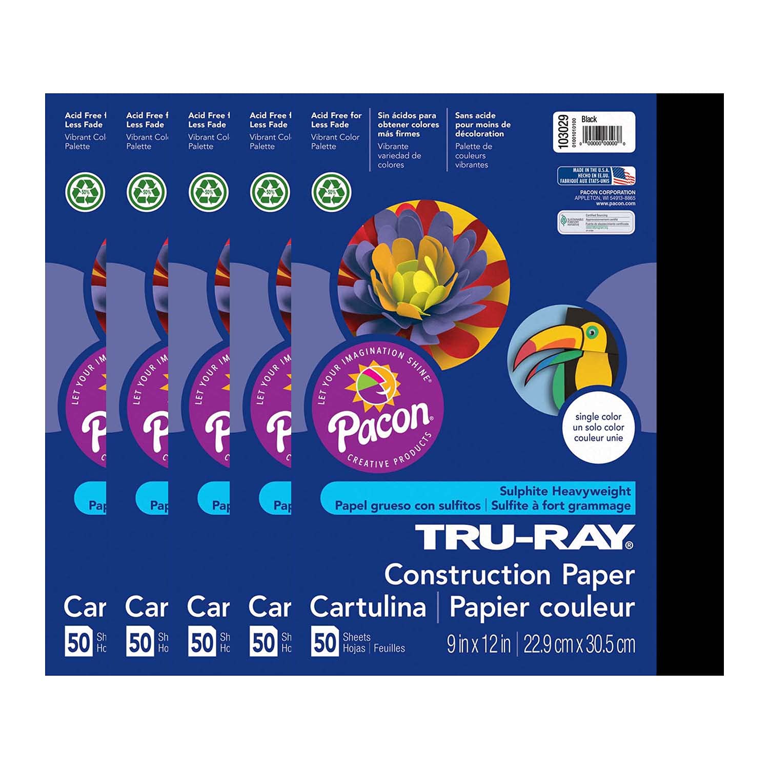 Tru-Ray(r) Construction Paper, Black, 9" x 12", 50 Sheets Per Pack, 5 Packs