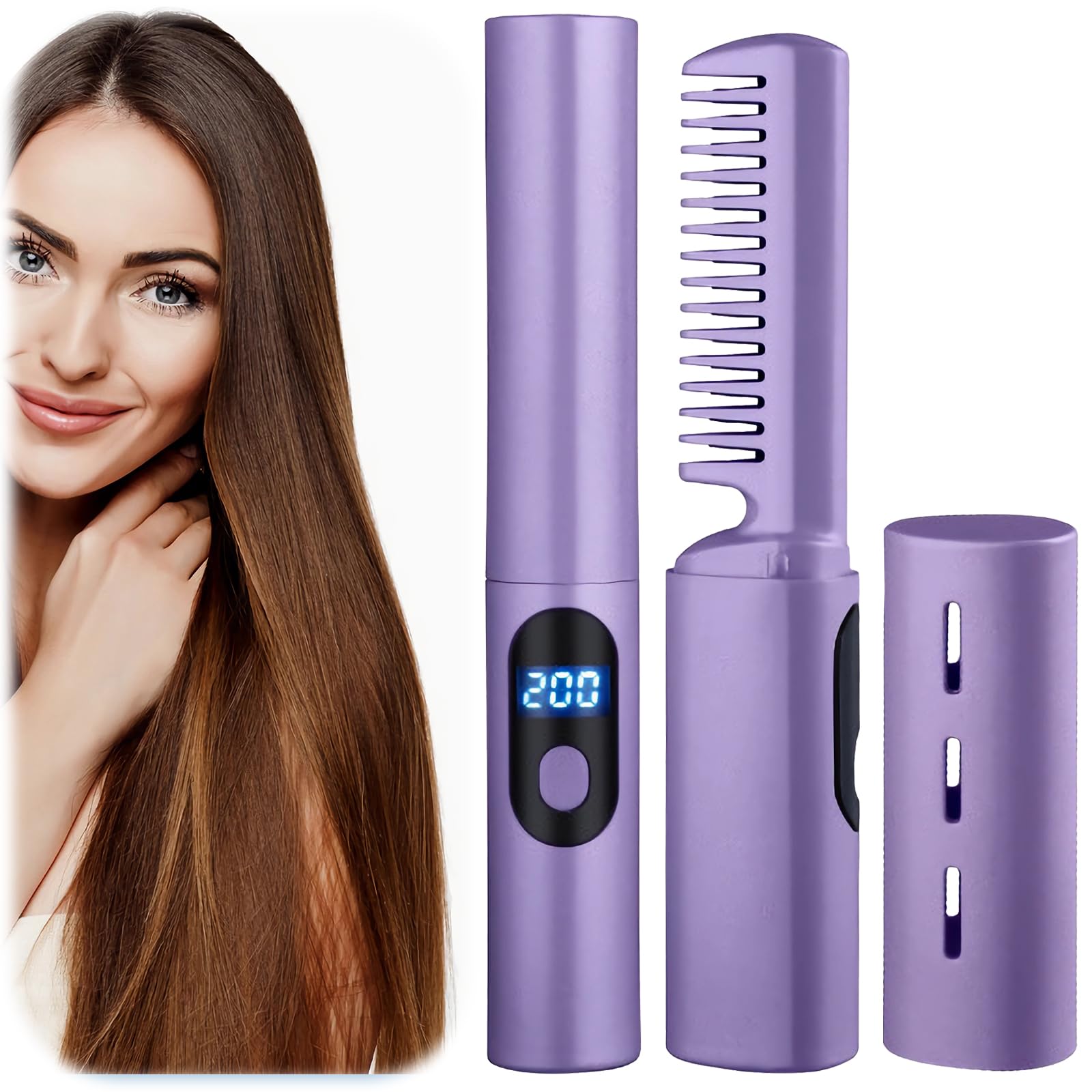 Cordless Straightener With LCD Display - Rechargeable Negative Ion Styling Brush for Portable Straightening at Home and Travel