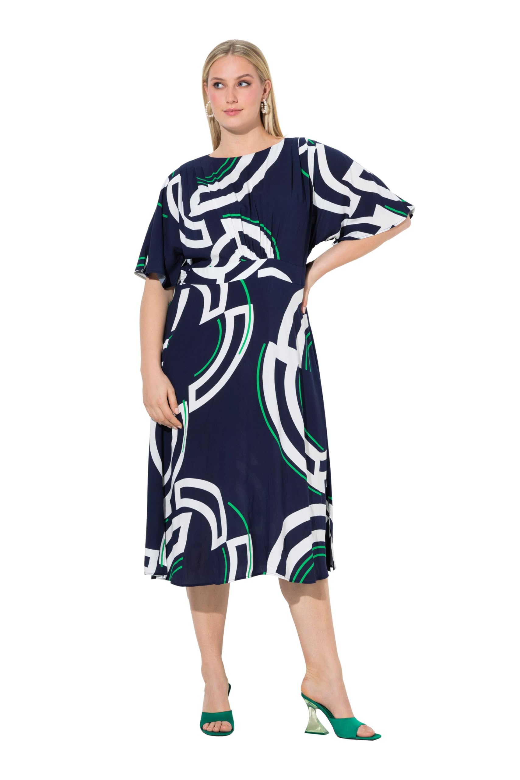 Ulla Popken Damen große Größen Übergrößen Plus Size Midikleid, Kreise, A-Linie, U-Boot-Ausschnitt, Halbarm 848178