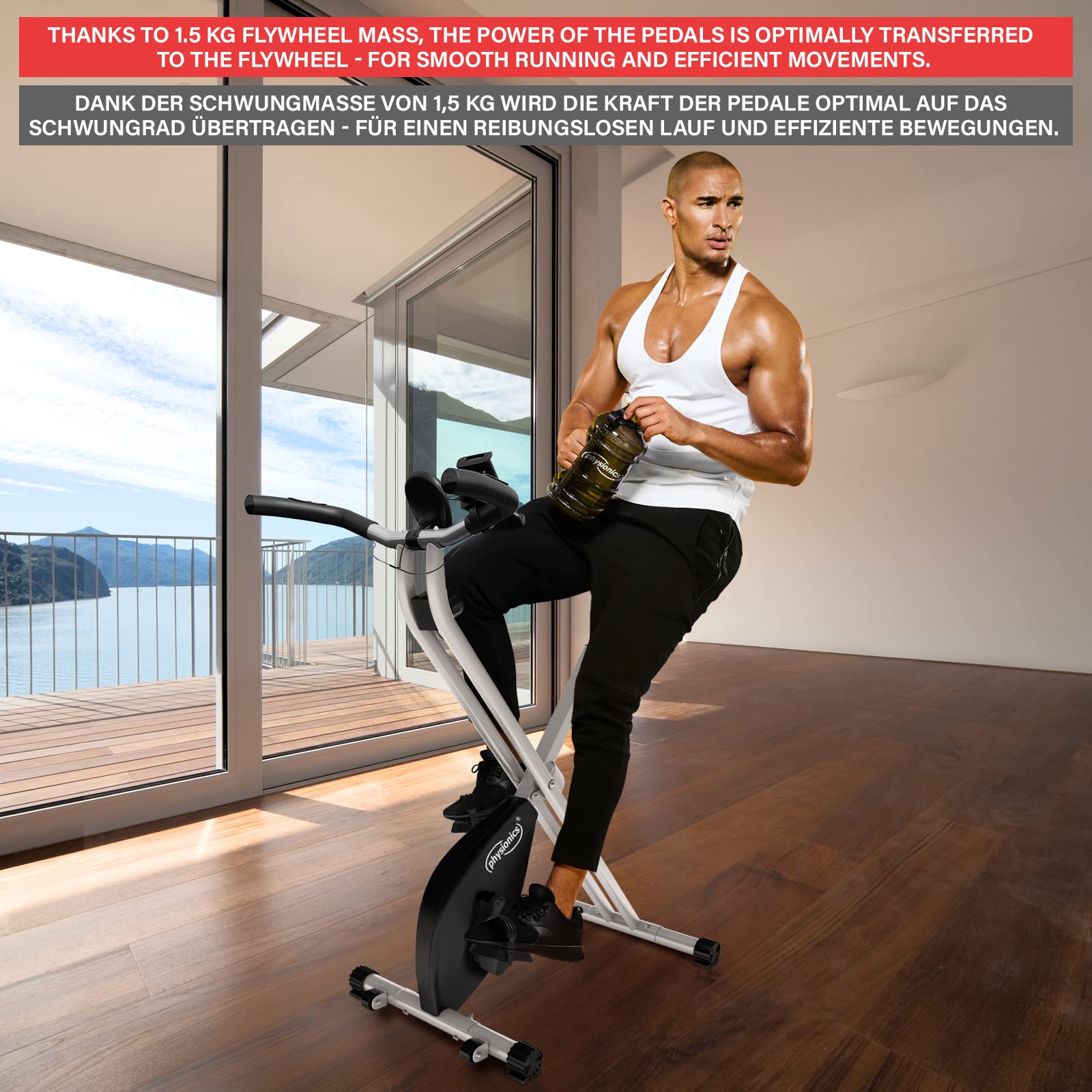 Physionics® Rower treningowy – wyświetlacz LCD, regulowany, składany, do 120 kg, szary, z kółkami transportowymi, pulsometrem, uchwytem na telefon – ergometr, trener rowerowy, domowy, rower fitness,