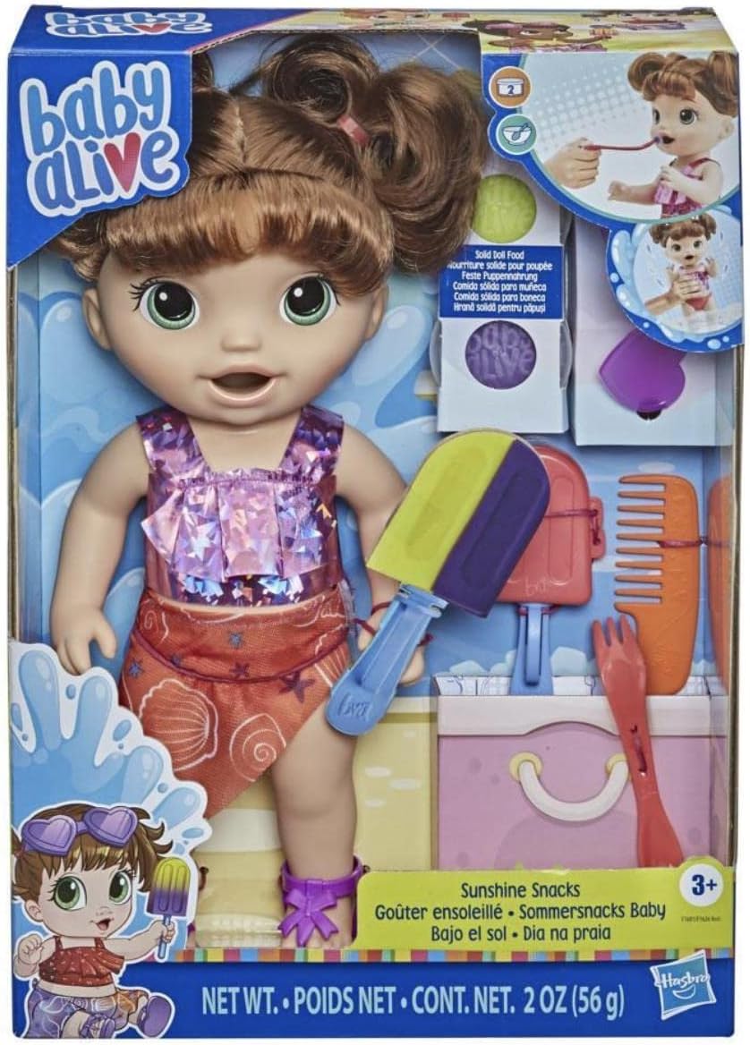 Baby Alive Sunshine Snacks Doll, Eats and Poops, Summer-Themed Waterplay Baby Doll, Ice Pop Mold, Toy for Kids Ages 3 and Up, Brown Hair