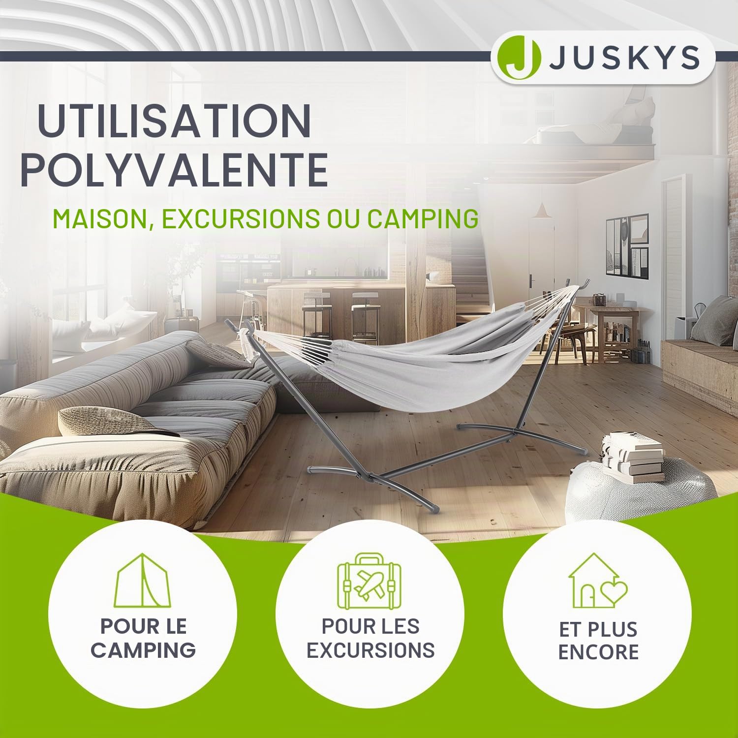 Hamac Paya de Juskys avec châssis - hamac Double d'extérieur, pour 2 Personnes - supporte jusqu'à 200 kg - hamac Double d'intérieur - Gris Clair