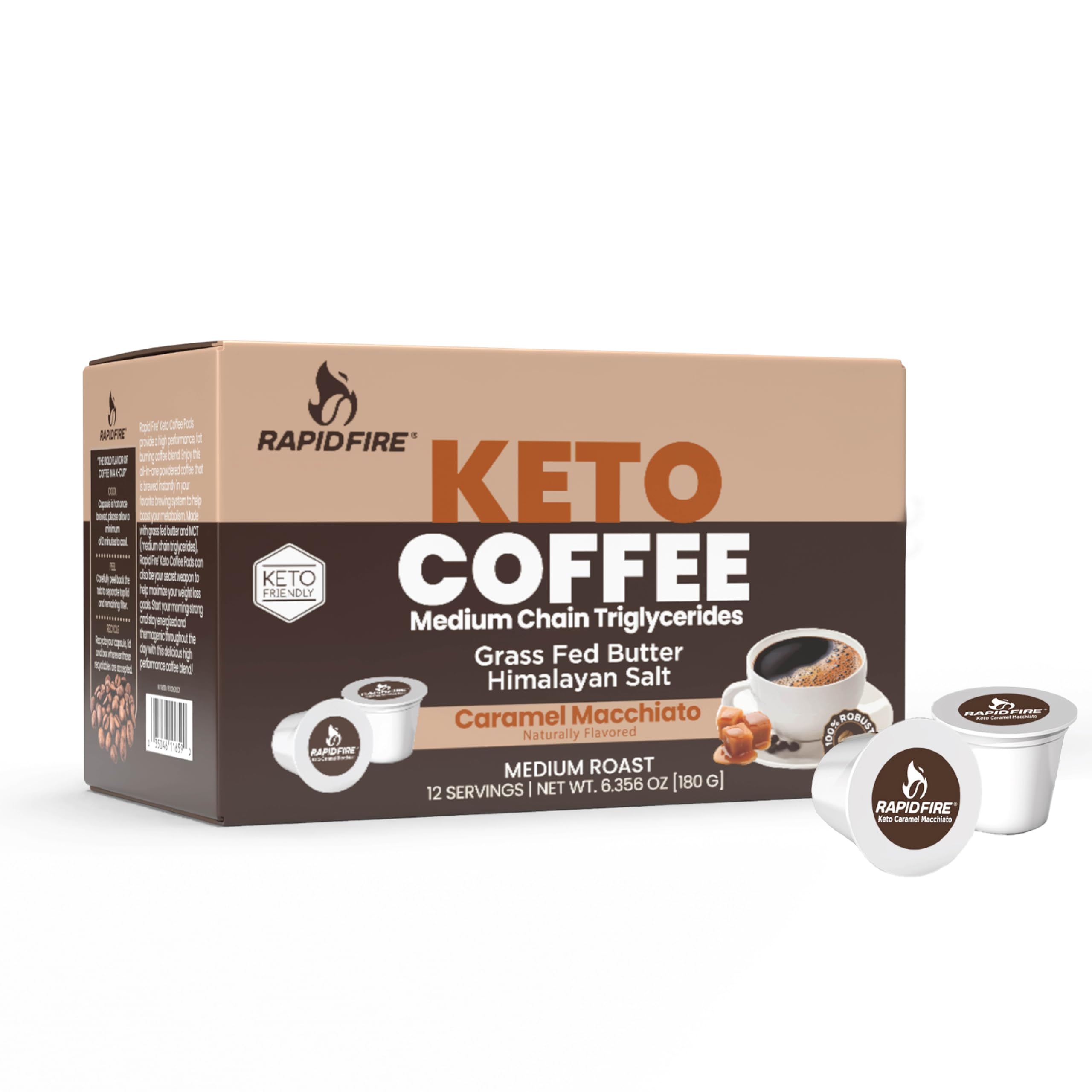Rapidfire Ketogenic High Performance Keto Coffee Pods, Supports Energy and Metabolism, Supports Weight Management, Ketogenic Diet, Caramel Macchiato, 12 Single Serve K-Cup Pods, Multi