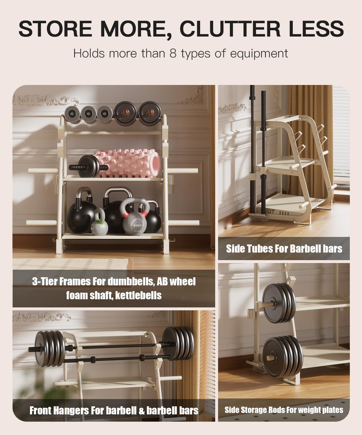 3-Tier Dumbbell Rack Stand Only - 700LB Heavy Duty Weight Storage Organizer with Thickened Steel Tube, Adjustable Weight Stand for Dumbbells, Barbells, Kettlebells, Black/Beige