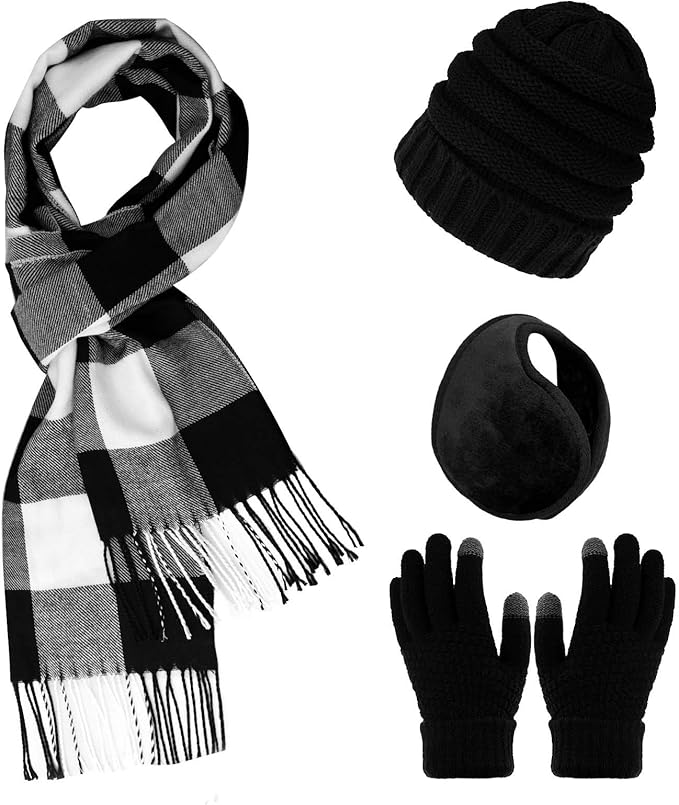 Dxhycc Winter Warm Sets Knitted Beanie Hat Touch Screen Gloves Plaid Scarf and Earmuff for Men or Women