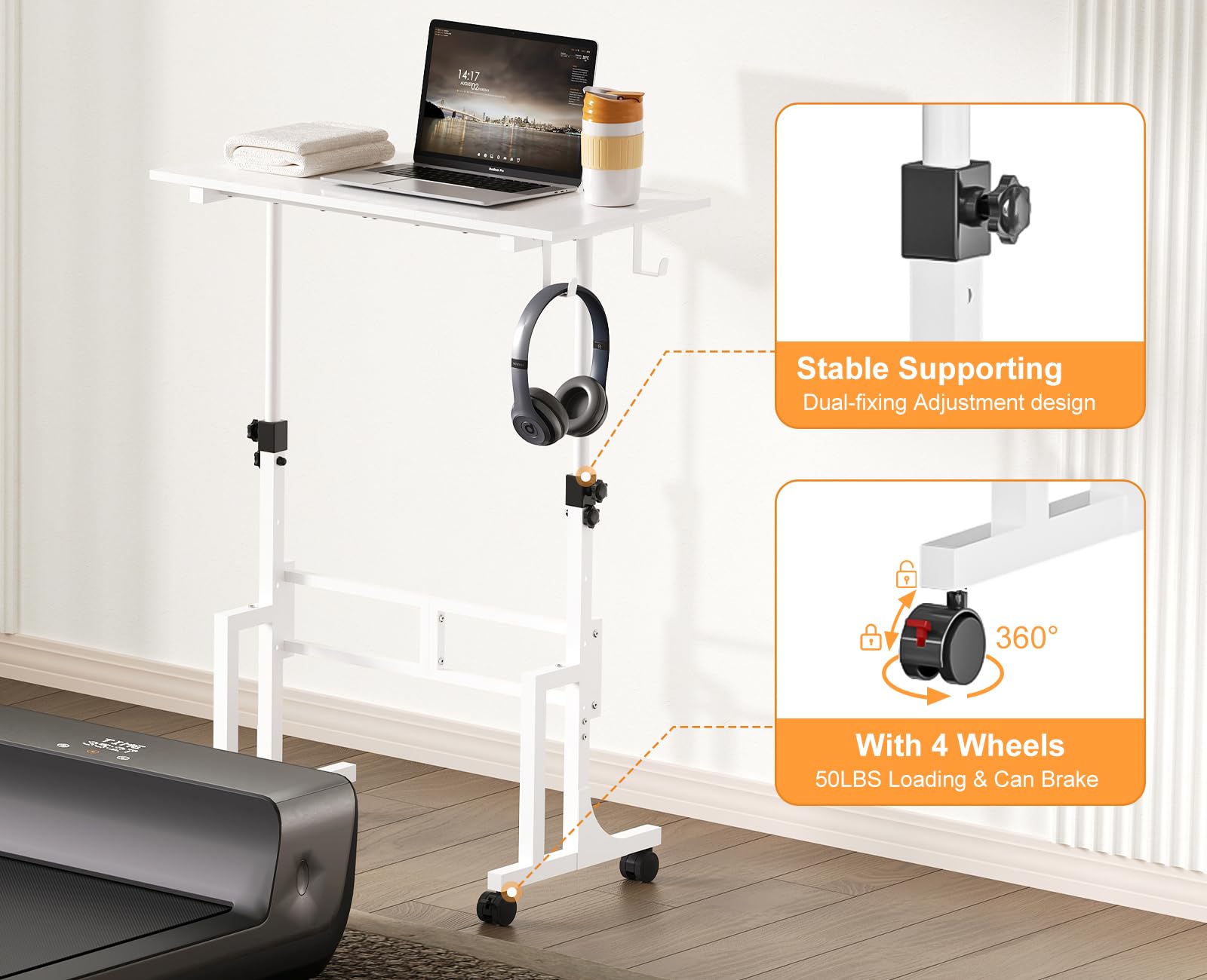 Small Adjustable Height Standing Desk With 2 Hooks Rolling Sit Stand Up Desk With Wheels Adjustable Mobile Portable — view 6