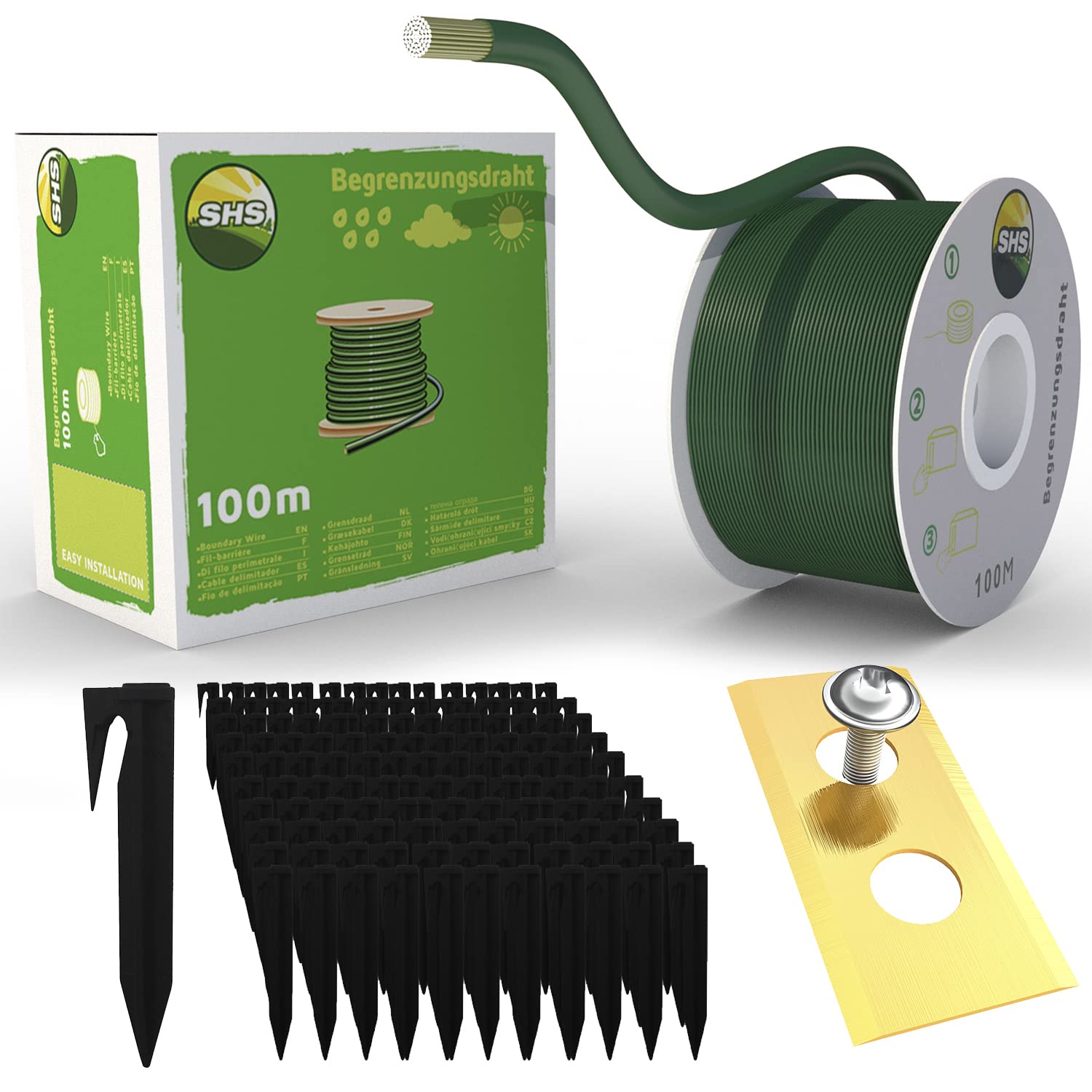 Cable de limitación de 100 m + 300 estacas + 30 cuchillas para robot cortacésped, cortacésped, juego de accesorios para cable de búsqueda, compatible con Worx Landroid