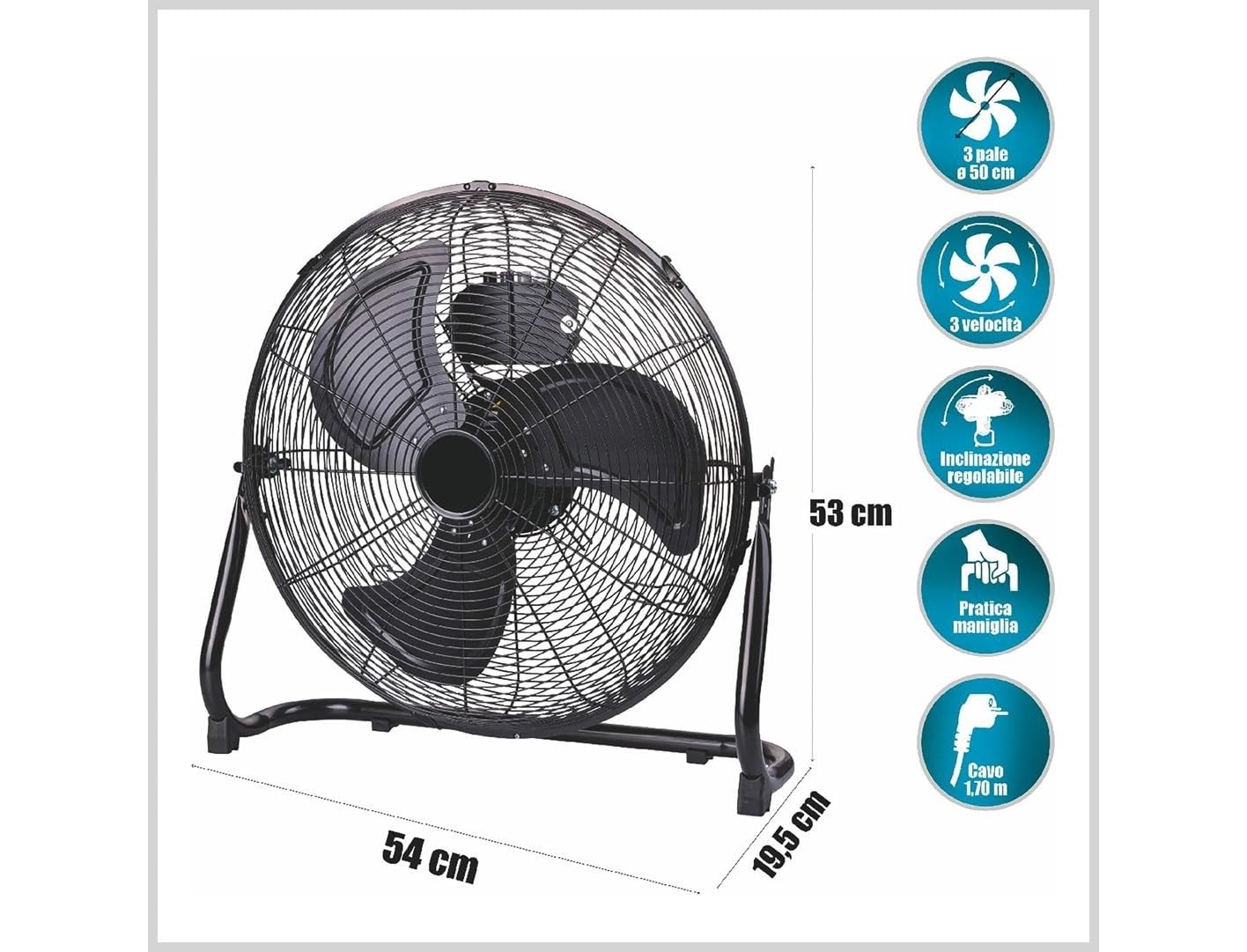 Ventilatore con Stand da Tavolo Pavimento Terra 50cm 3 Velocità Metallo Acciaio Laminato Inclinabile 100W Potente Facile da Trasportare (NERO)