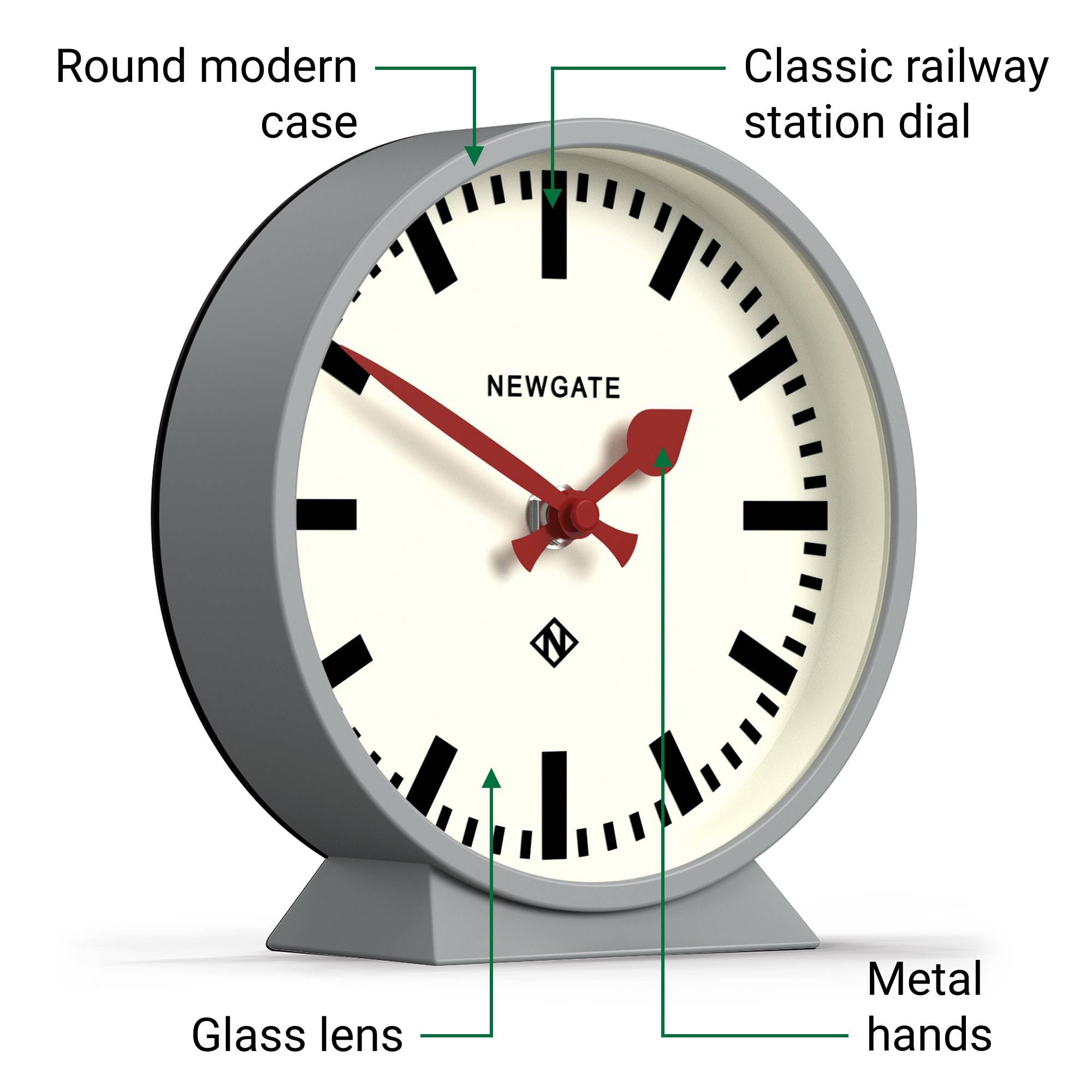 NEWGATE® M Mantel Railway Schreibtischuhr | Modernes rundstationsuhrdesign | Grau | Zeitgenössischer Stil für Schreibtisch, Tisch, Regal oder nachttisch