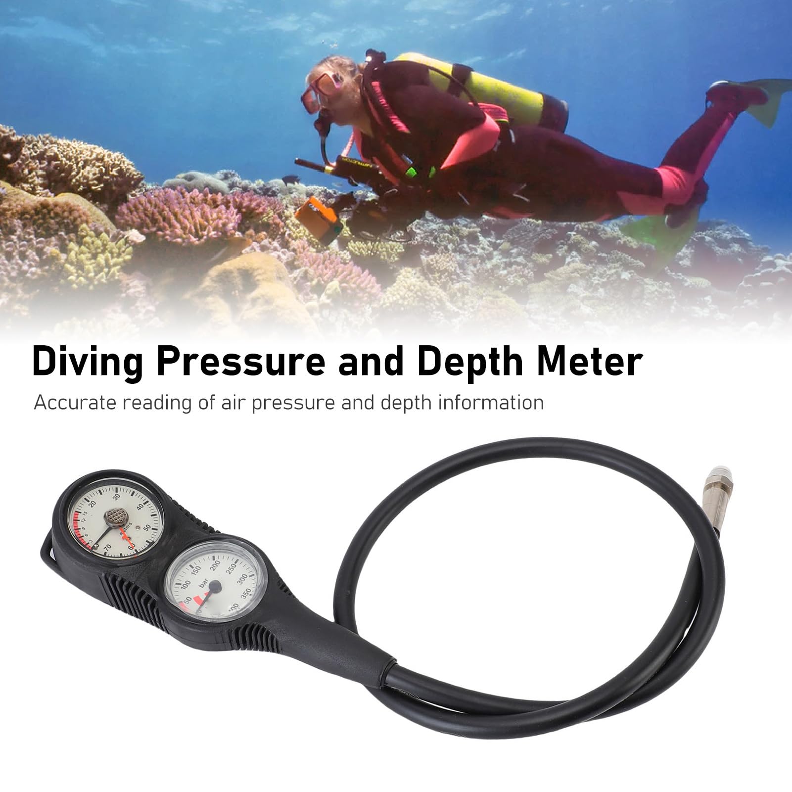 Medidor de Profundidad de Presión de Buceo, Consola de Doble Enlace con Pantalla Clara para Buceo, Material TPR Marco Negro Esfera Blanca