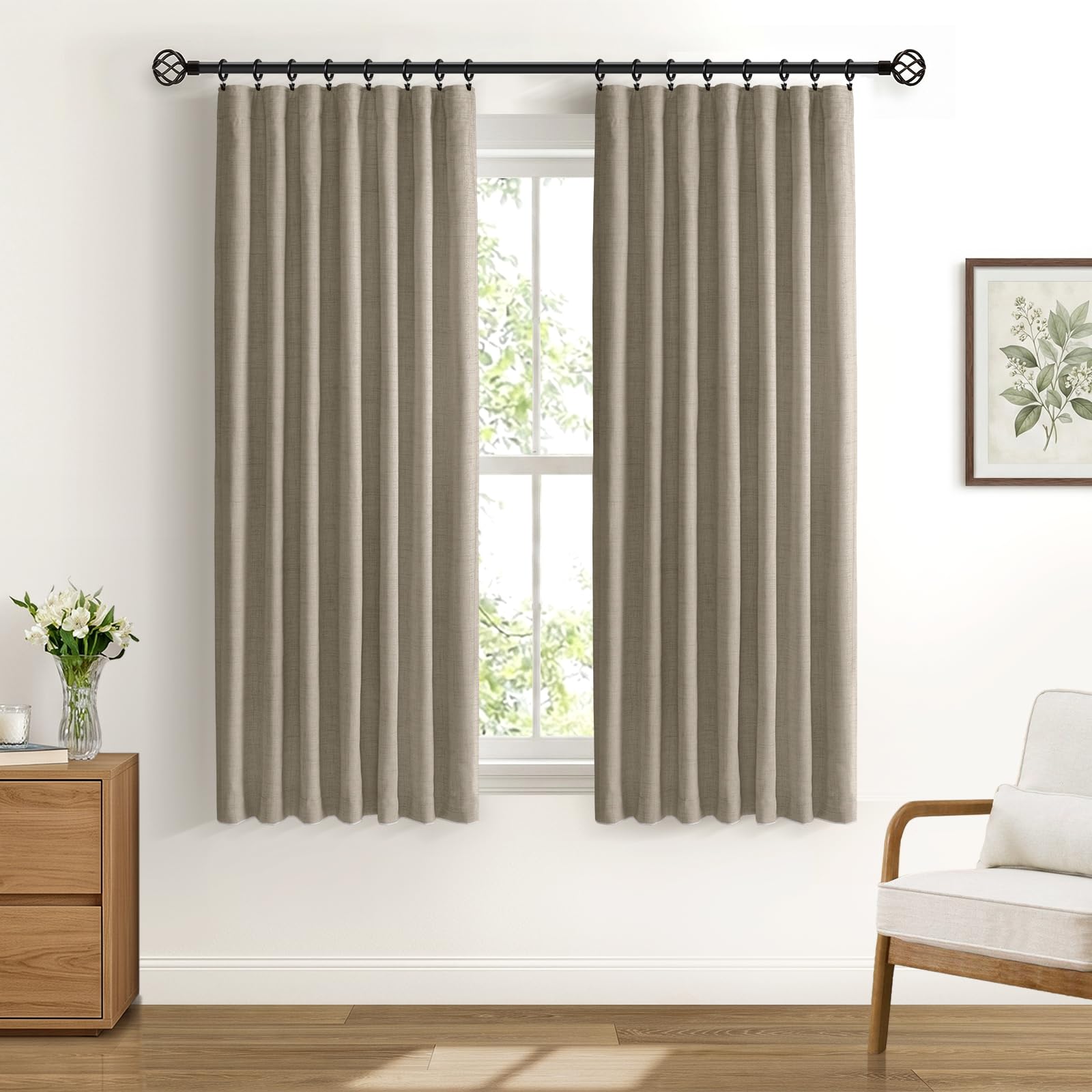 DEFYNEE 100% Blackout Curtains 2 Panels, W50 xL63, FauxLinen Curtains