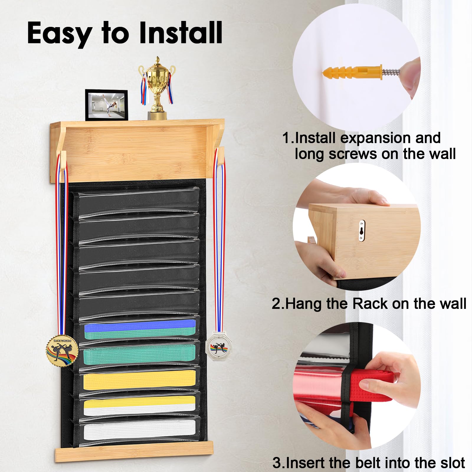 SUMNACON Support de ceinture d'arts martiaux avec porte-médailles, résistant à la poussière, pour taekwondo, karaté, porte-trophées, porte-médailles à suspendre pour apprenant Jiu Jitsu (sans