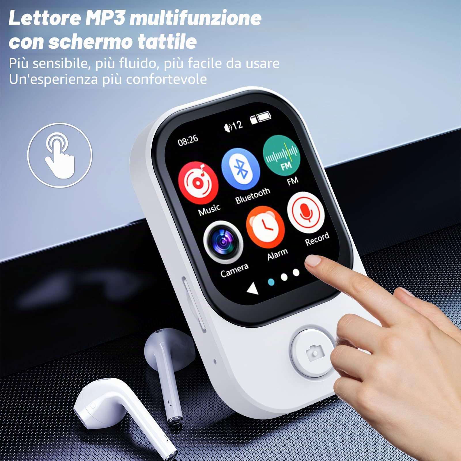 64GB Lettore MP3 Bluetooth 5.4 con fotocamera apribile a 180°, RWSRW, mini lettore musicale HD, altoparlante FM, album fotografico, ideale per Hi-Fi, lettore e-book, contapassi (Bianco)