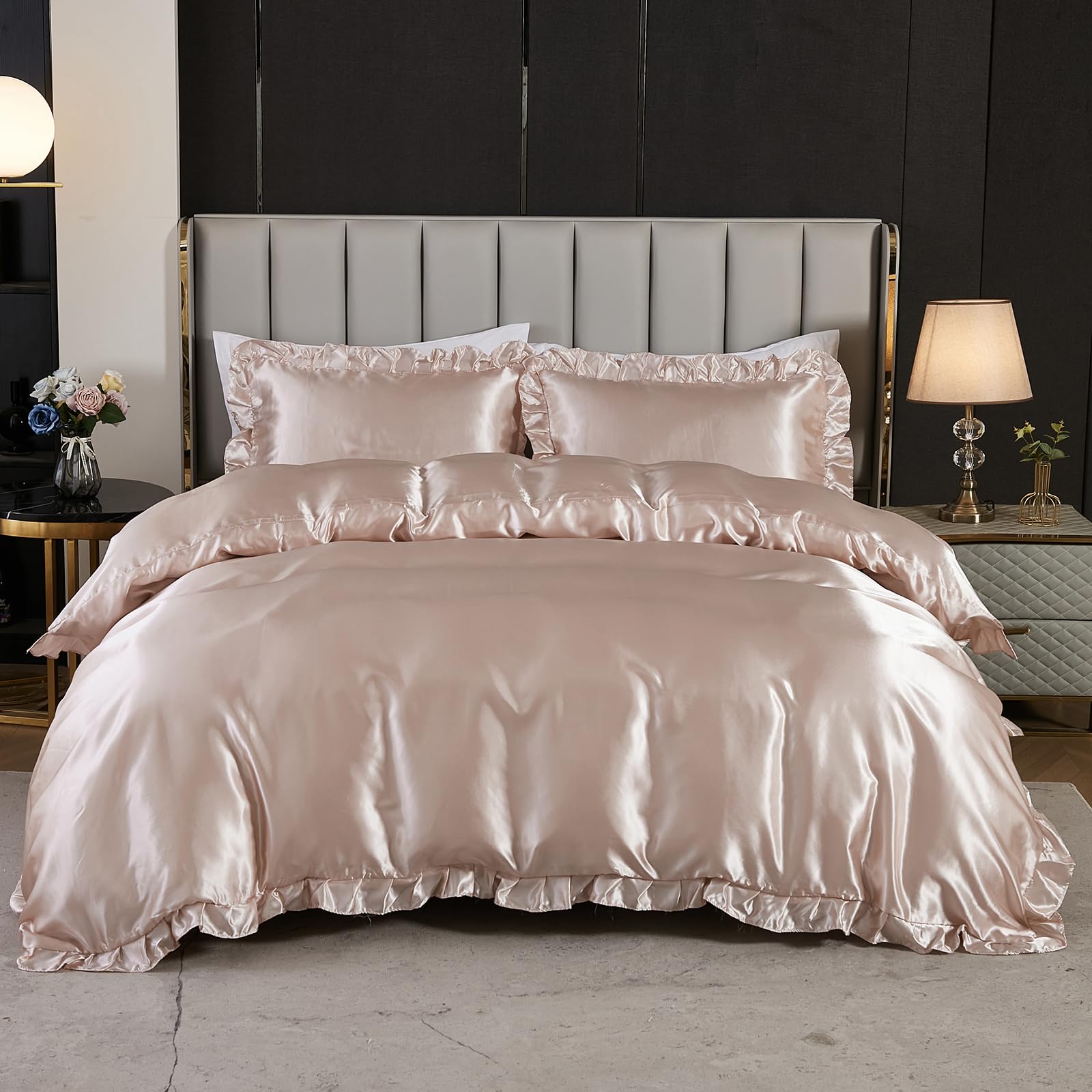 Herside Satin Duvet Cover Set King Champagne Pink Ruffle Bedding Silk like Satin Ruffled Fringe Silky Boho Bedding Sets 1 Duvet Cover 2 Pillowcases (Champagne Pink - Image 2