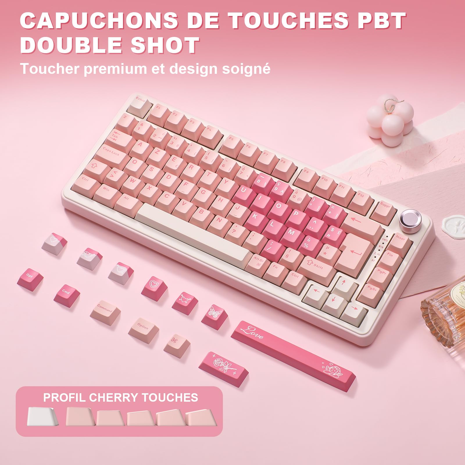 YUNZII B75 PRO Tastiera Meccanica Wireless, 75% Layout FR AZERTY, Tastiera da Gioco con Struttura Gasket, Hot-swap e Manopola, RGB, Connettività BT/USB-C / 2.4G (Rosa, Cocoa Cream V2 Switch)