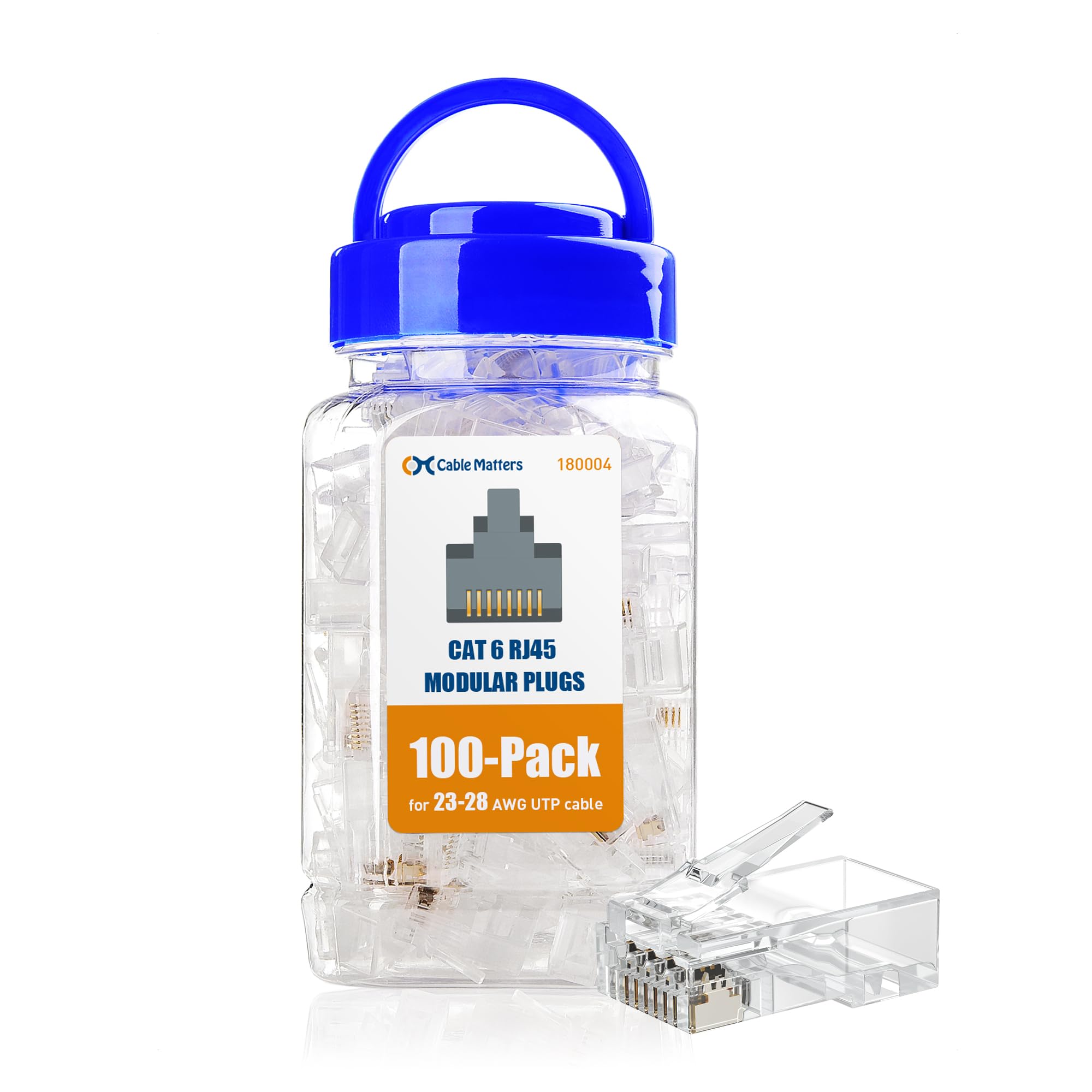 Cable Matters 100-Pack CAT6 RJ45 Modular Plugs, 50µ Gold Plated (RJ45 Connector, Cat 6 Ends, Cat 6 Ethernet Connector, Ethernet Plugs), for Solid or Stranded UTP Cable