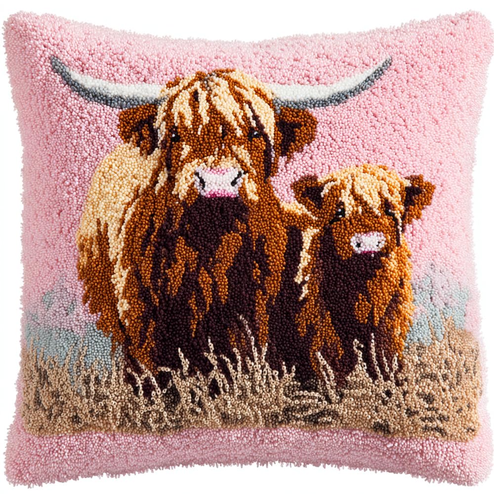 RKFLGEW Latch Hook Pillow Kit for Adults &, Highland Cow Mother and Calf DIY Pre-Printed Cross-Stitch Embroidery Canvas Craft, 17X17 Inch Decorative Throw Pillow Cover for Sofa Cushions, Bedroo