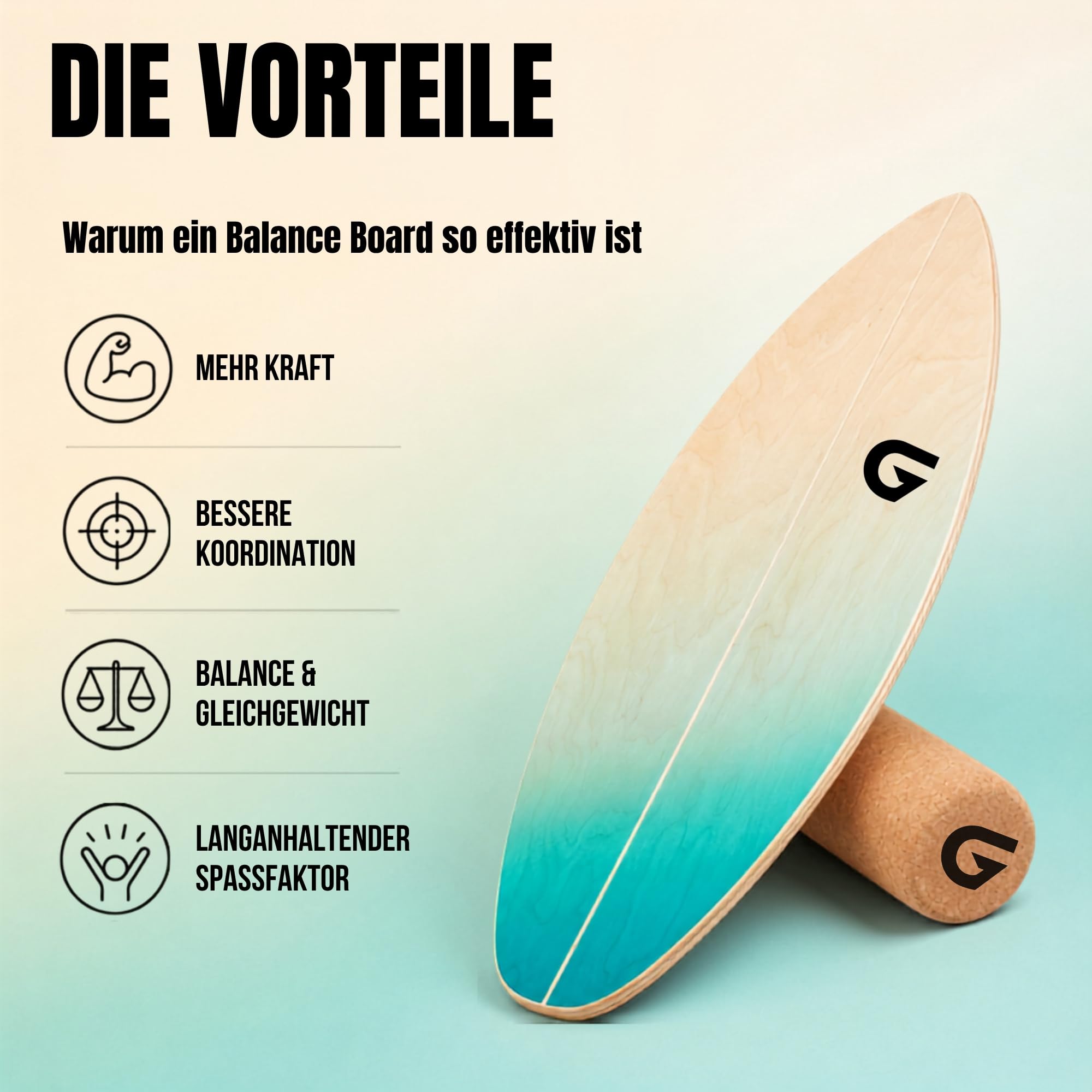 Glory Boards® Balance Board – Handmade - 100% Birkenholz - Inklusive Korkrolle - Optimal für Gleichgewichts- & Krafttraining, Für Einsteiger & Fortgeschrittene, Indoor & Outdoor – Erwachsene & Kinder
