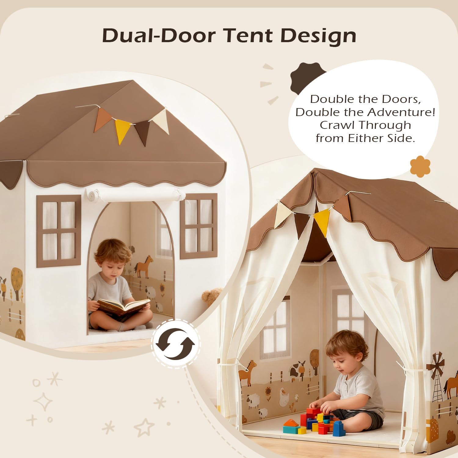 EagleStone Tente de Jeu pour Enfants avec Guirlandes et Tapis Moelleux, Intérieur, Cabane Lit-Tente, Coin Douillet, Beige