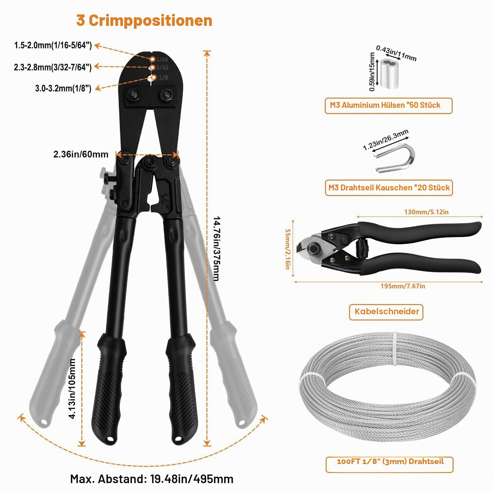 TooTaci 3mm Edelstahl Drahtseil, 30M Edelstahl Stahlseil Spanndraht mit Crimpwerkzeug, Cutter, Flugzeugkabel 7×7 Stränge, Stahldraht Seil Kabel für Geländer, Lichter hängen, Wäscheleine, Zaun