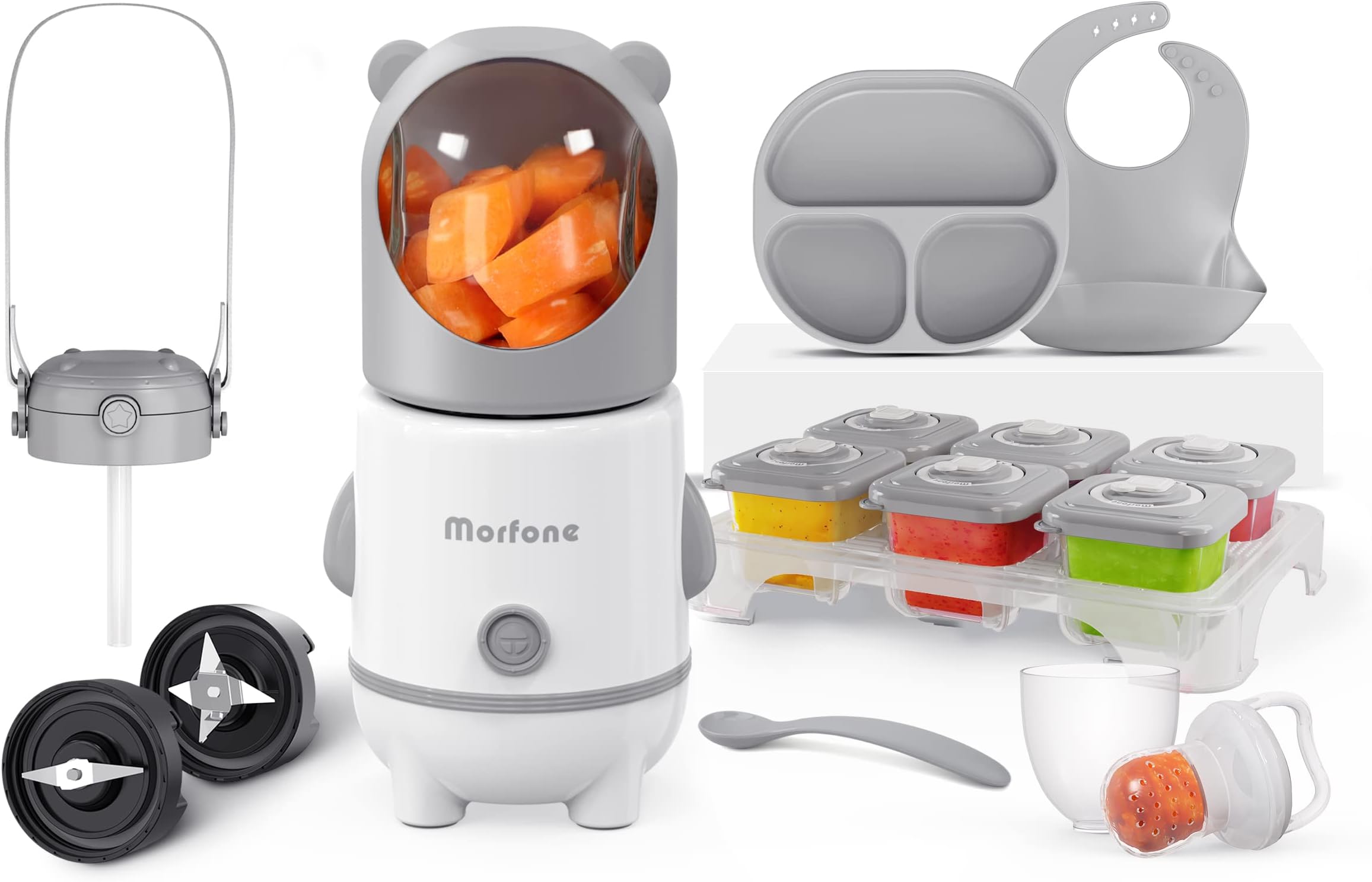 Baby Food Maker, Morfone 17 in 1 Set Baby Food Blender, Baby Food Processor for Fruit Meat with Baby Food Containers Pacifier Baby Essentials Supplies (Grey)