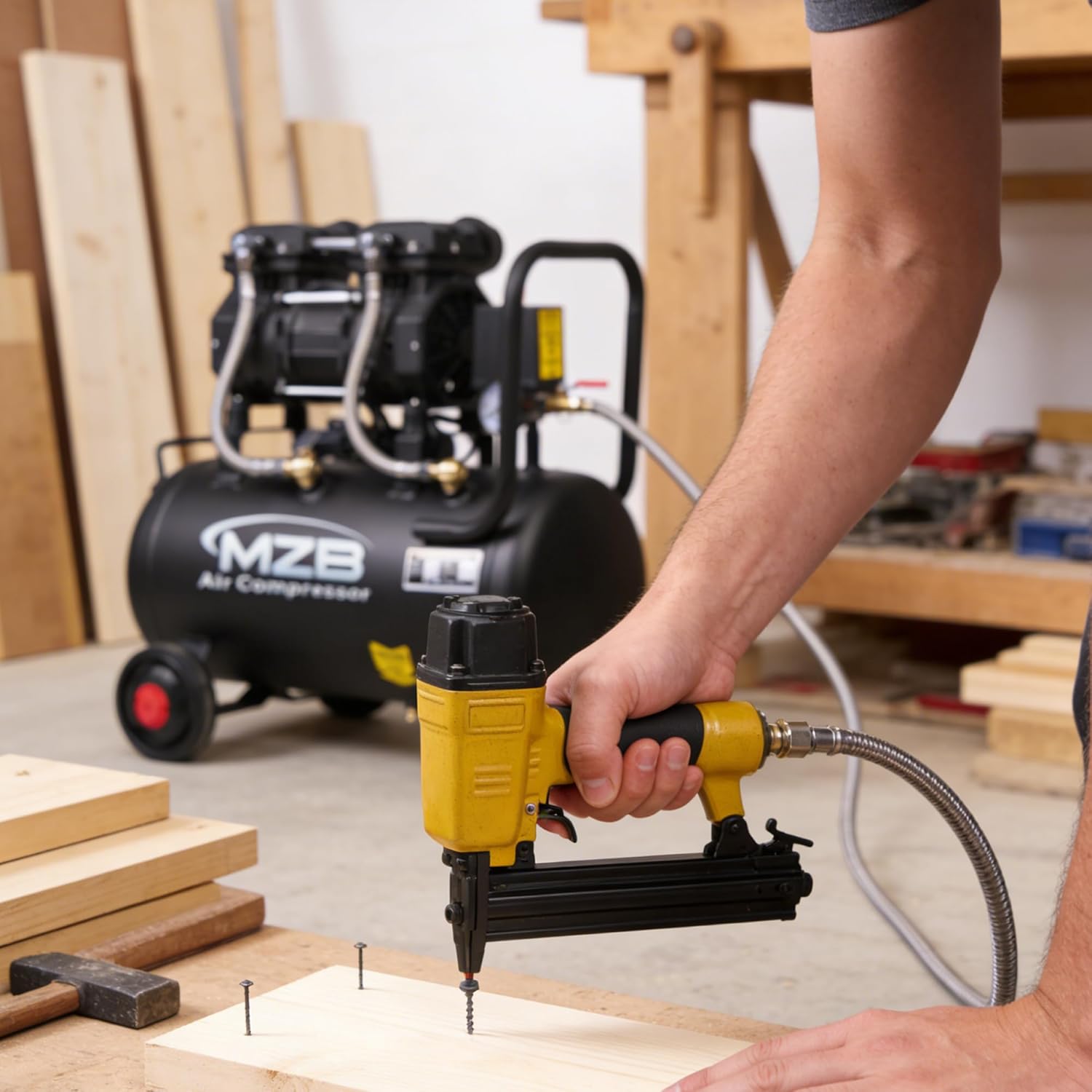 MZB 6.4 Gallon Ultra Quiet Air Compressor 110V/60Hz 1.5HP 7.41CFM MAX 115PSI Steel Tanks Oil-Free 70dB Noise Level Air Compressor with Wheels for Spray Painting, Auto Repair, Carpentry Decoration - Image 4